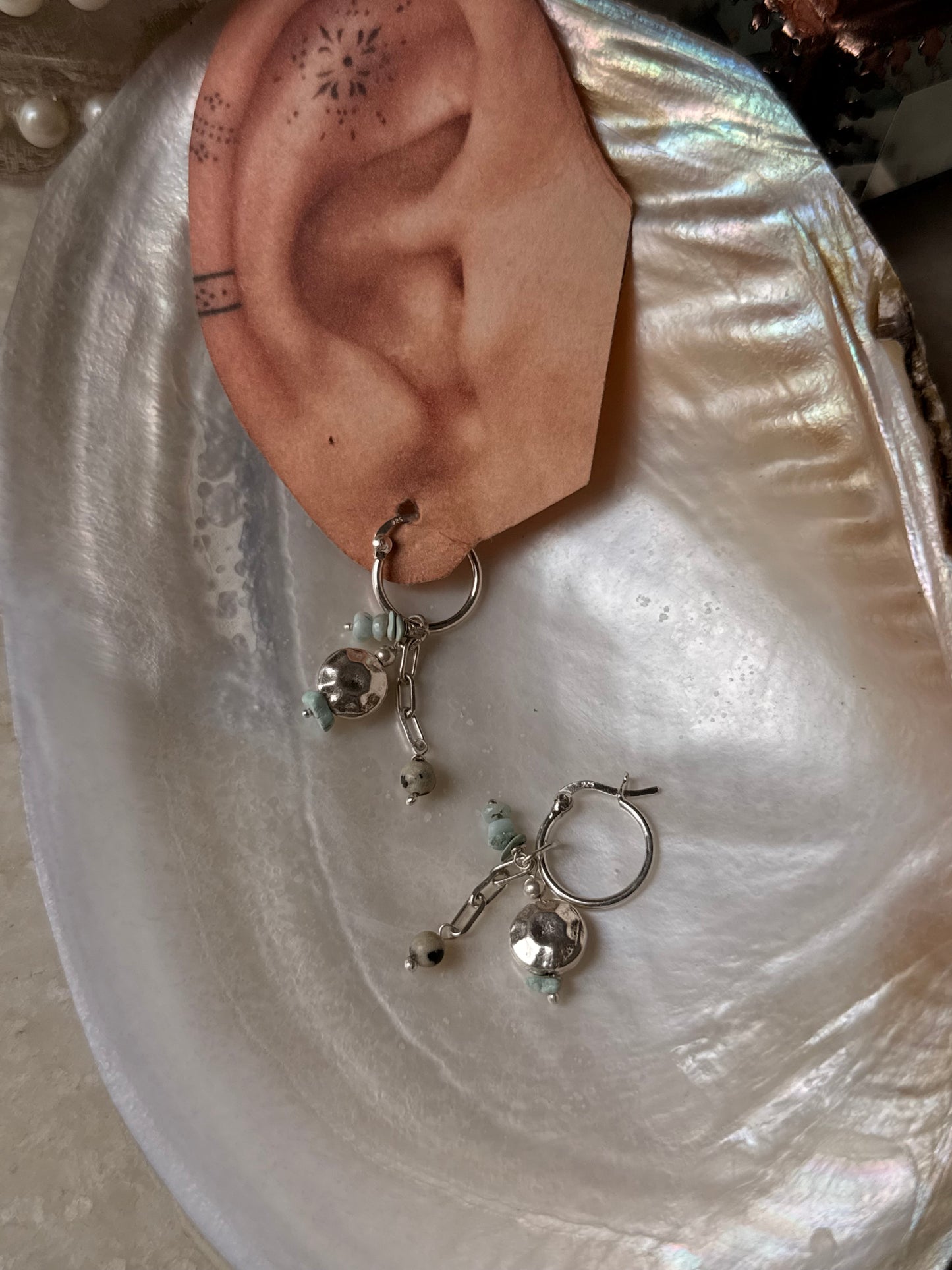 925 Sterling Silver Larimar , Turquoise , Dalmatian Jasper With Paper Clip Chain, Handcrafted Rustic Hoops Earrings