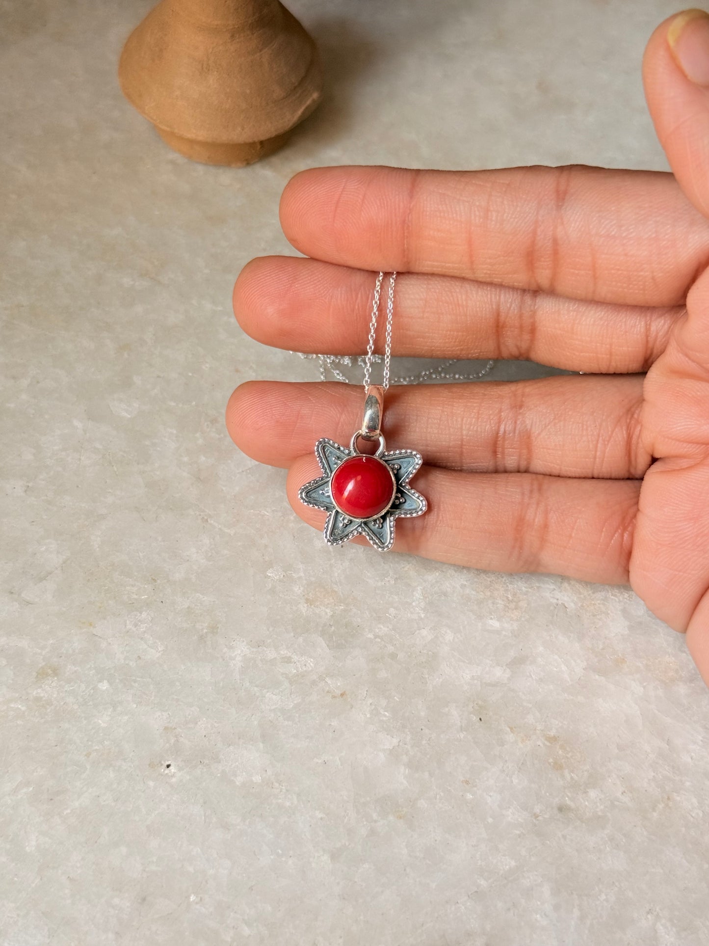 925 Sterling Silver Red Coral Boho Handcrafted Antique Pendant