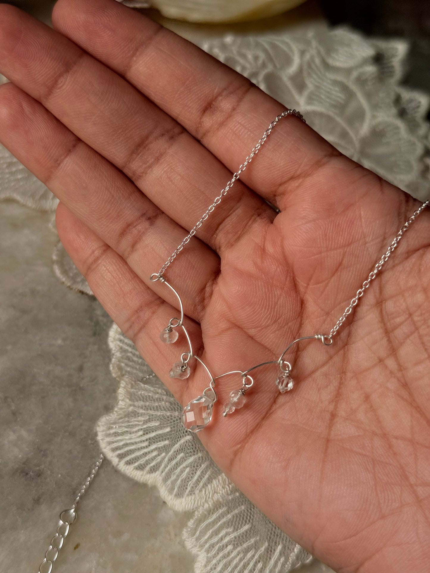 925 Sterling Silver Clear Quartz beads, Clear Quartz Droplets - Handcrafted Wire Wrapped Necklace