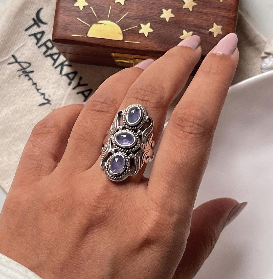 Bold tanzanite 3 stone statement ring in silver