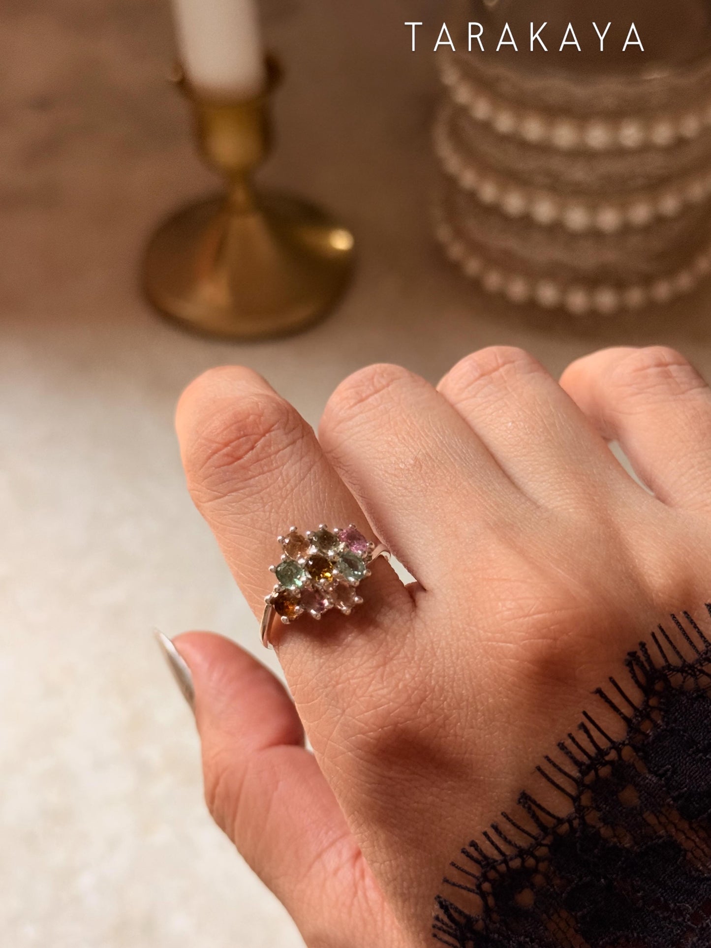 925 Sterling Silver Multi Tourmaline Flower Statement Ring