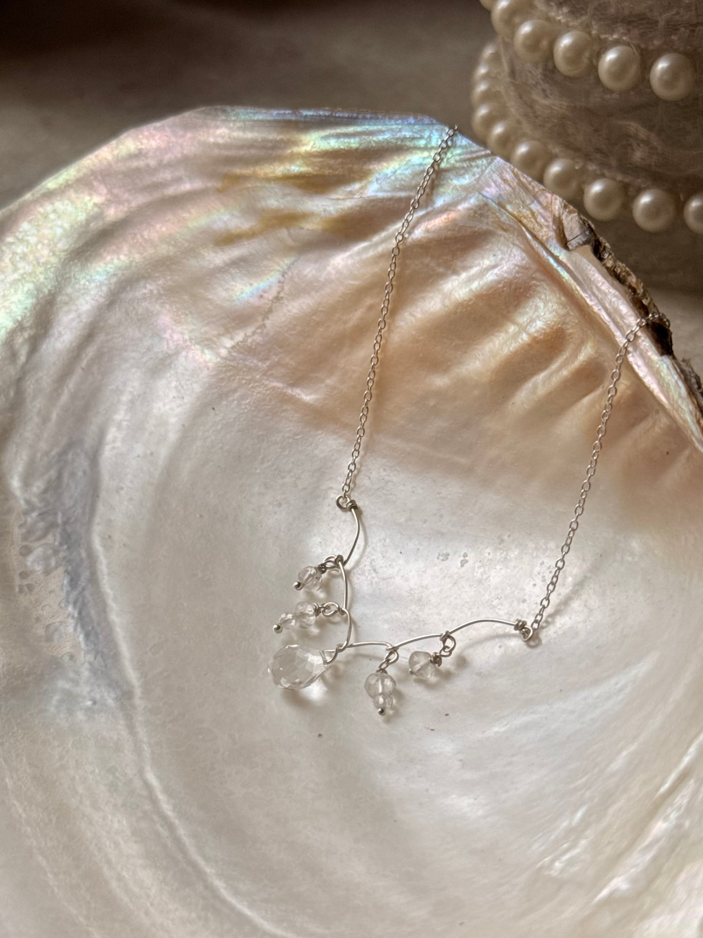 925 Sterling Silver Clear Quartz beads, Clear Quartz Droplets - Handcrafted Wire Wrapped Necklace