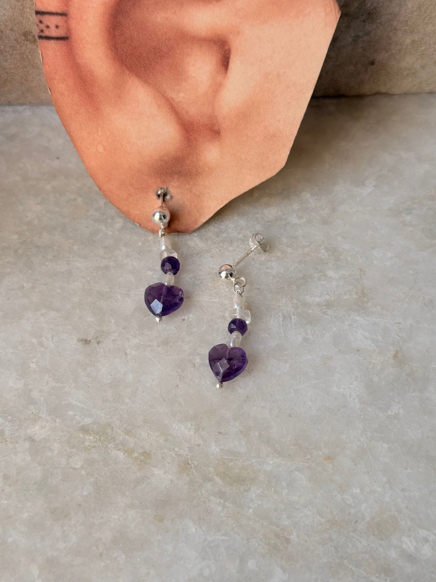 925 Sterling Silver Amethyst Heart, Clear Quartz & Pearl Stud Earrings