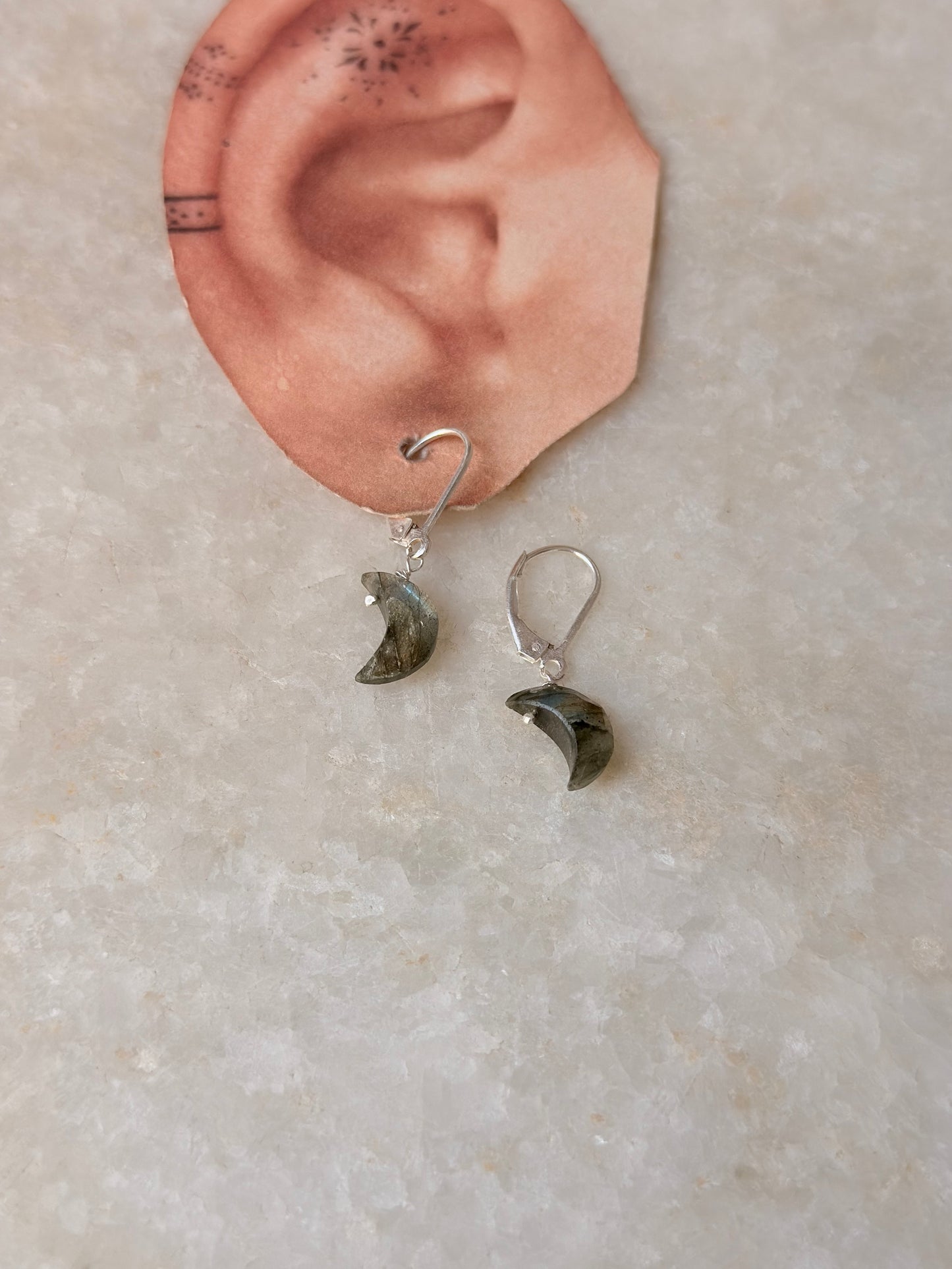 925 Sterling Silver Labradorite Moon Lever Back Earrings
