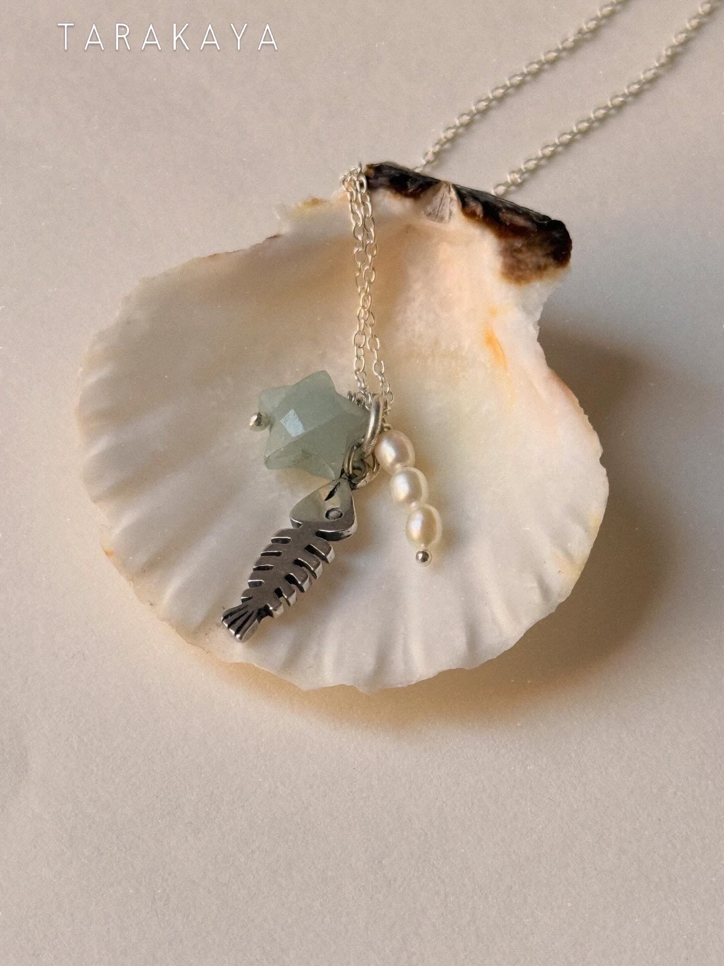 925 Sterling Silver Aquamarine Star, Fresh Water Pearls & Fish Bone Charm Handcrafted Necklace