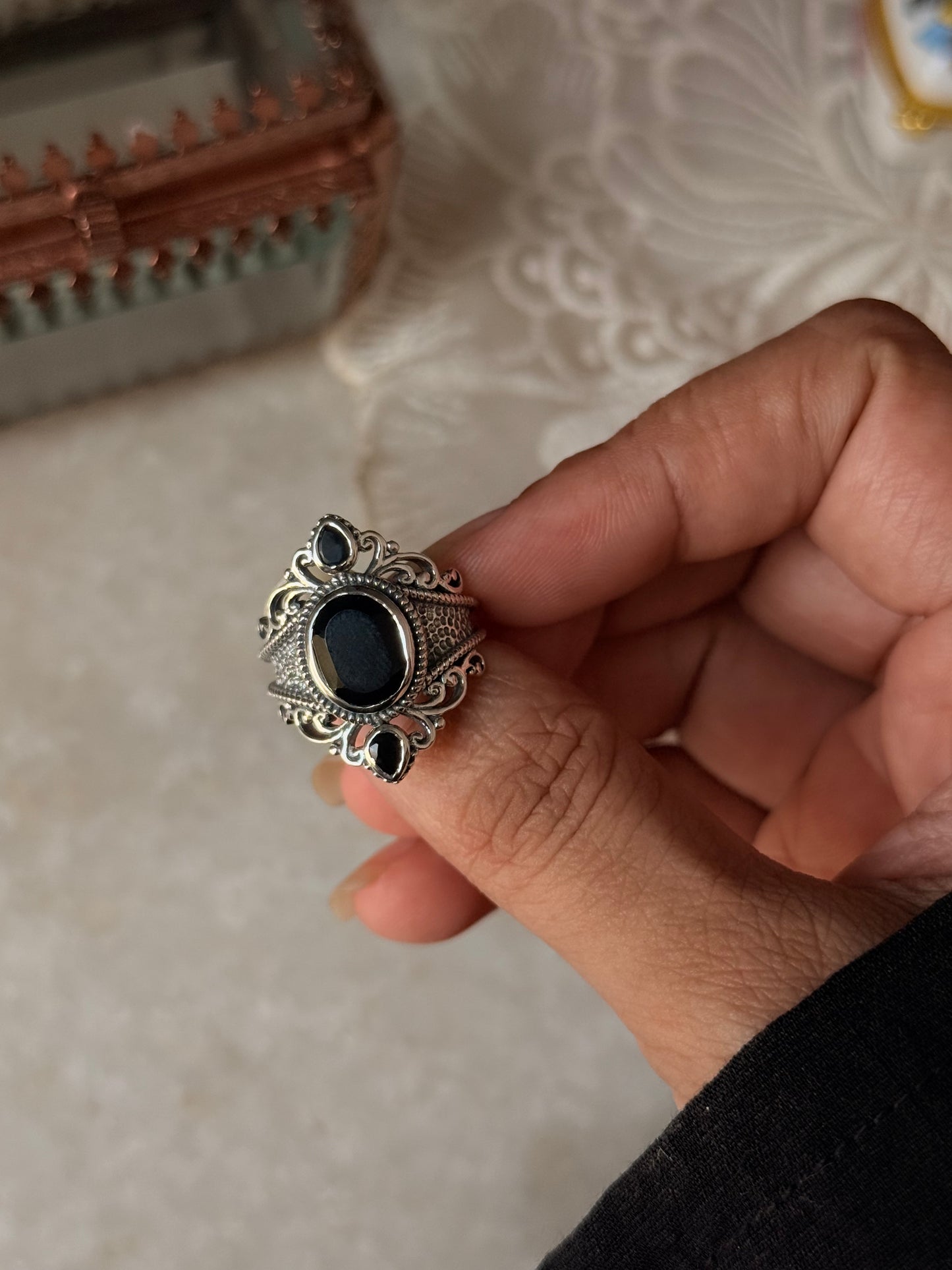 925 Sterling Silver Black Onyx Victorian Style Statement Ring