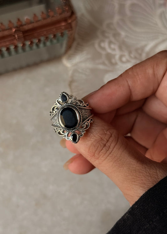 925 Sterling Silver Black Onyx Victorian Style Statement Ring