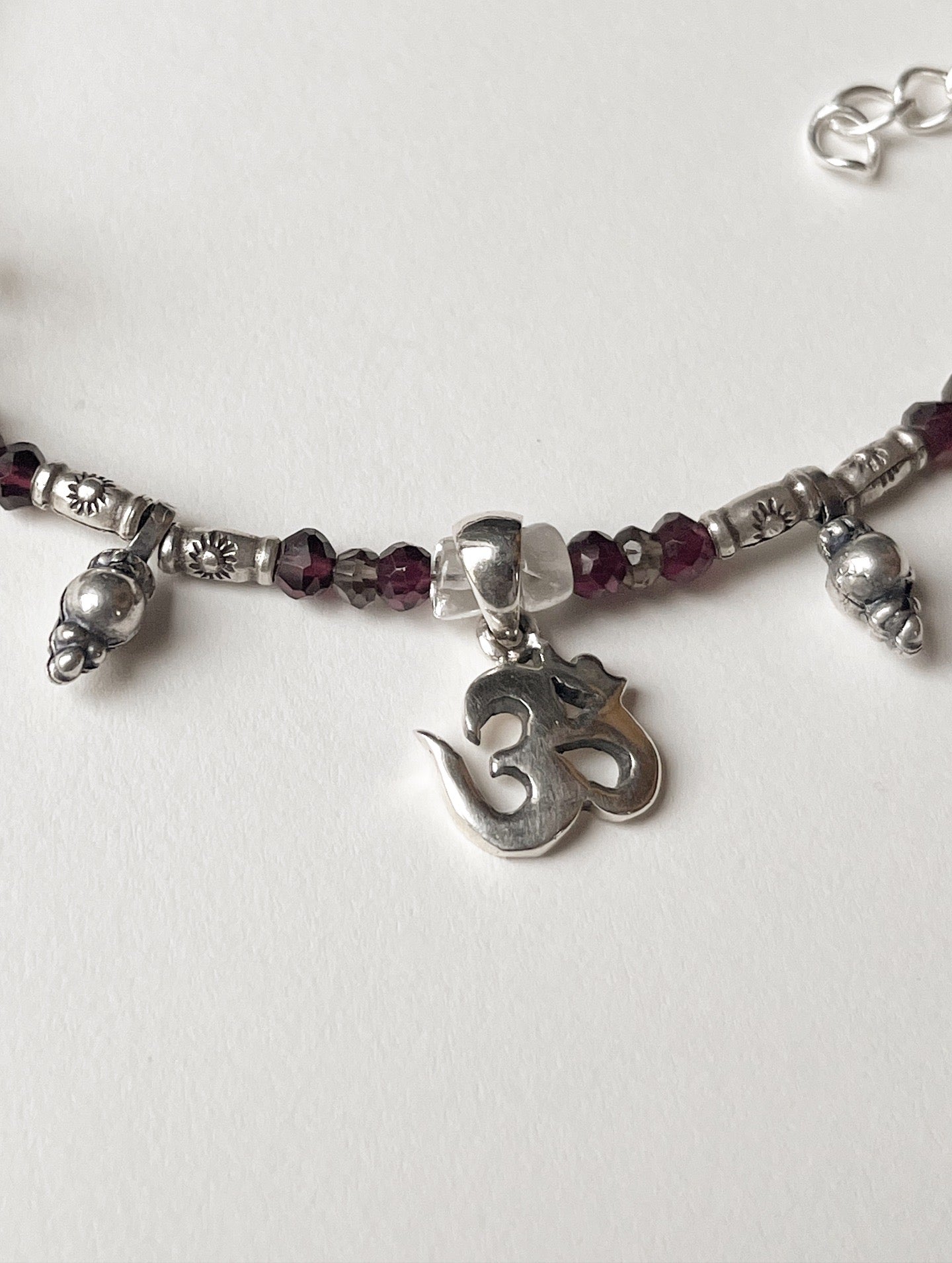 Tribal Style 925 Silver Choker with Garnet, Clear Quartz & Smokey Quartz Stones  