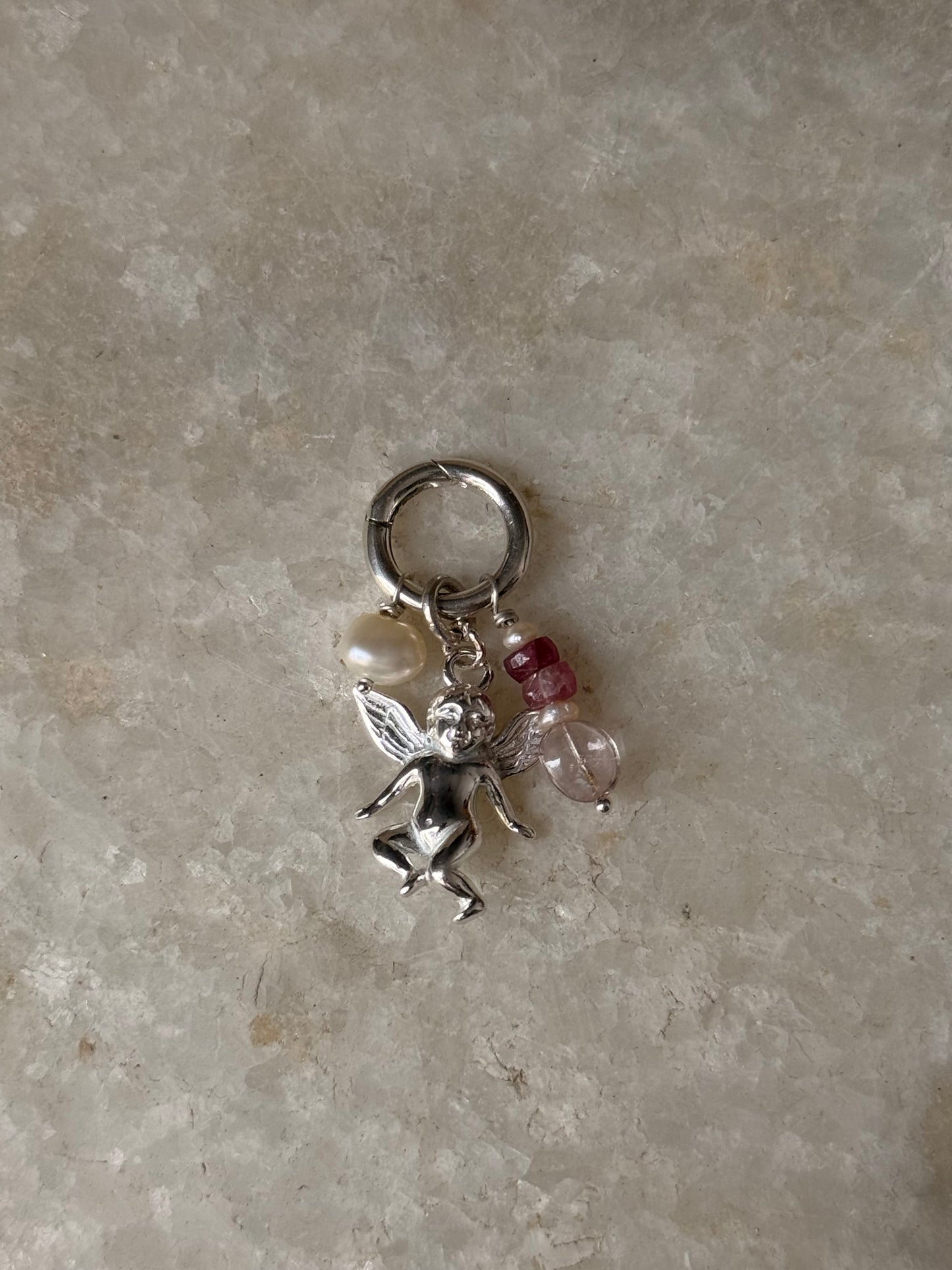 925 Sterling Silver Cherub Angel, Clear Quartz heart, Pearl Charm