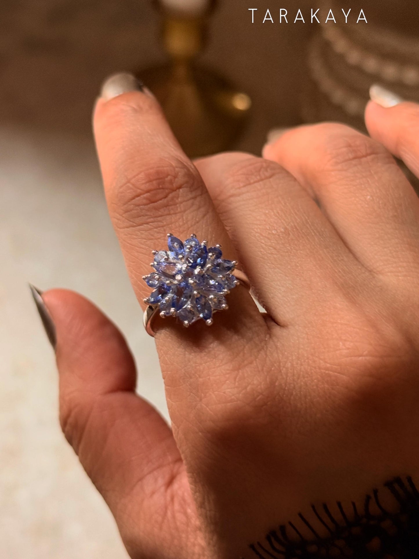 925 Sterling Silver Natural Tanzanite Faceted Big Flower Statement Ring
