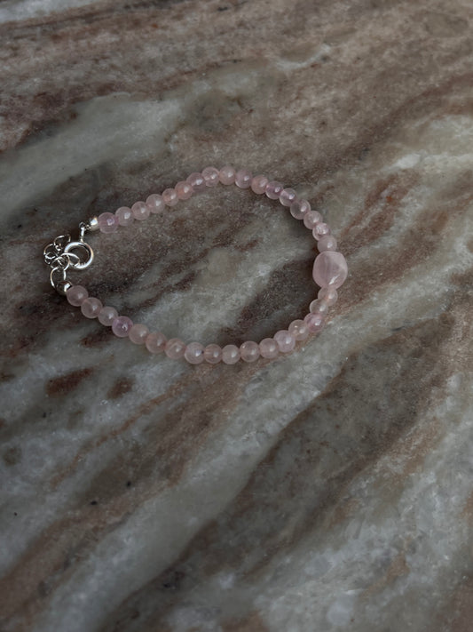 Rose Quartz Tumble & Plain Round 4mm Natural crystal 925 Sterling Silver Bracelet