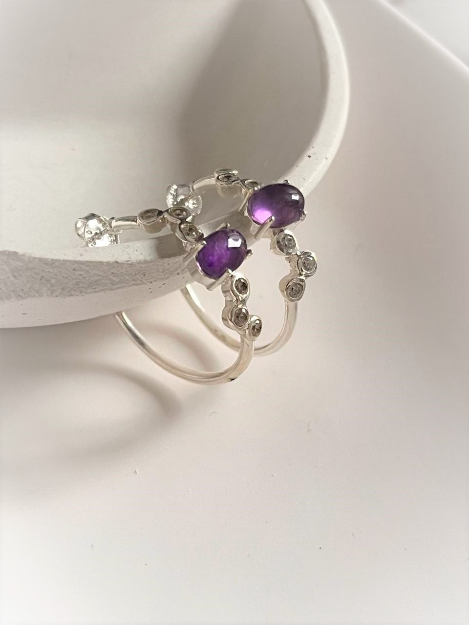 Sterling Silver Amethyst CZ Half Hoop Earrings