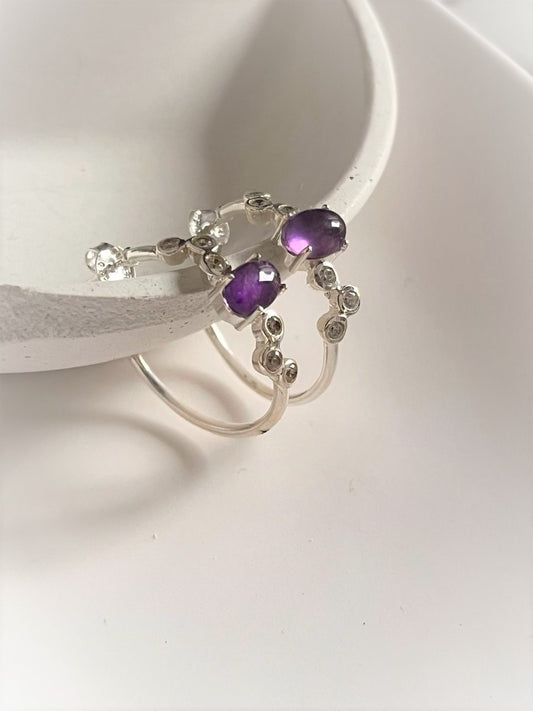 Sterling Silver Amethyst CZ Half Hoop Earrings