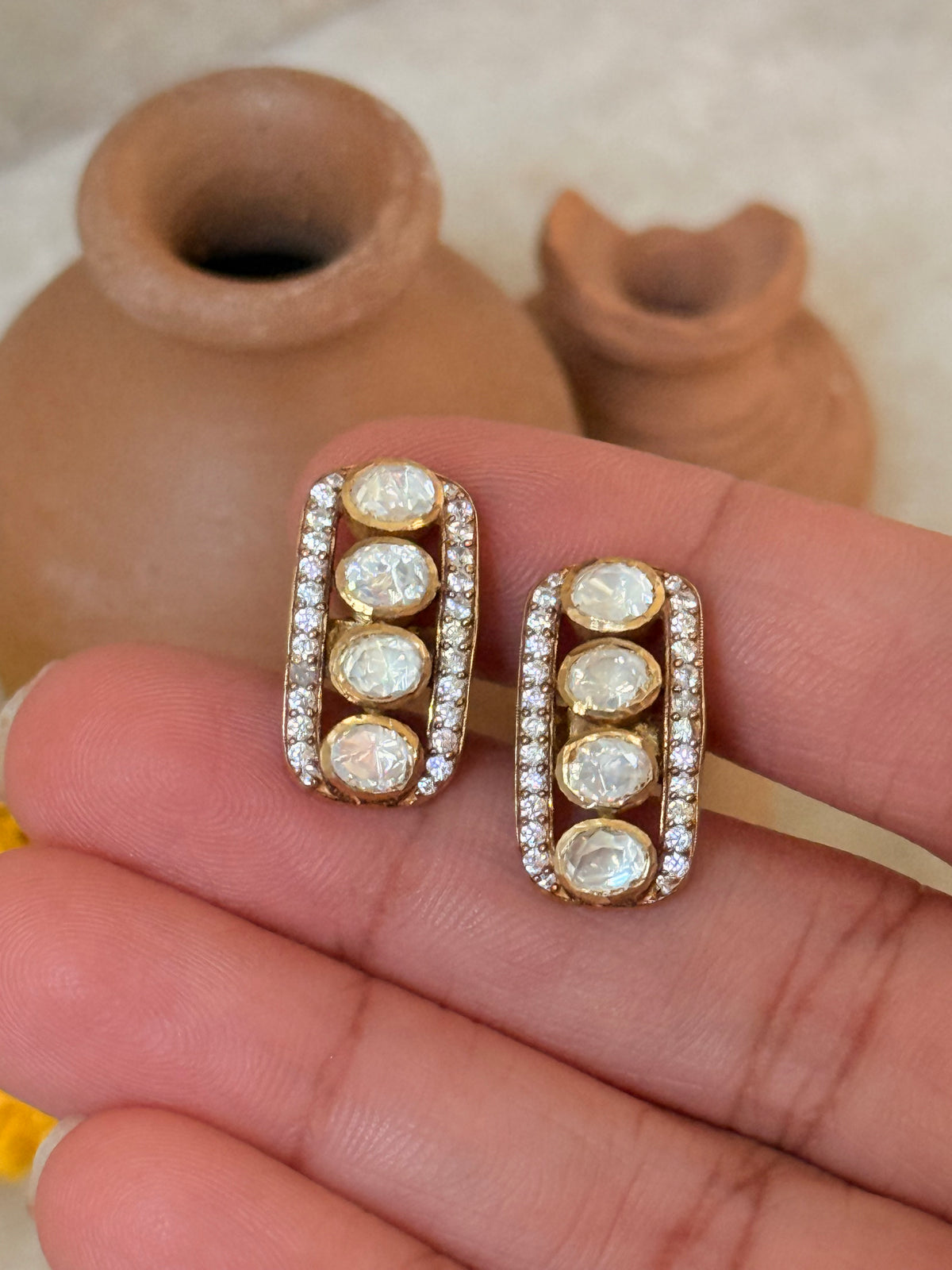 925 Sterling Silver Gold Plated Moissanite Polki Studs Earrings