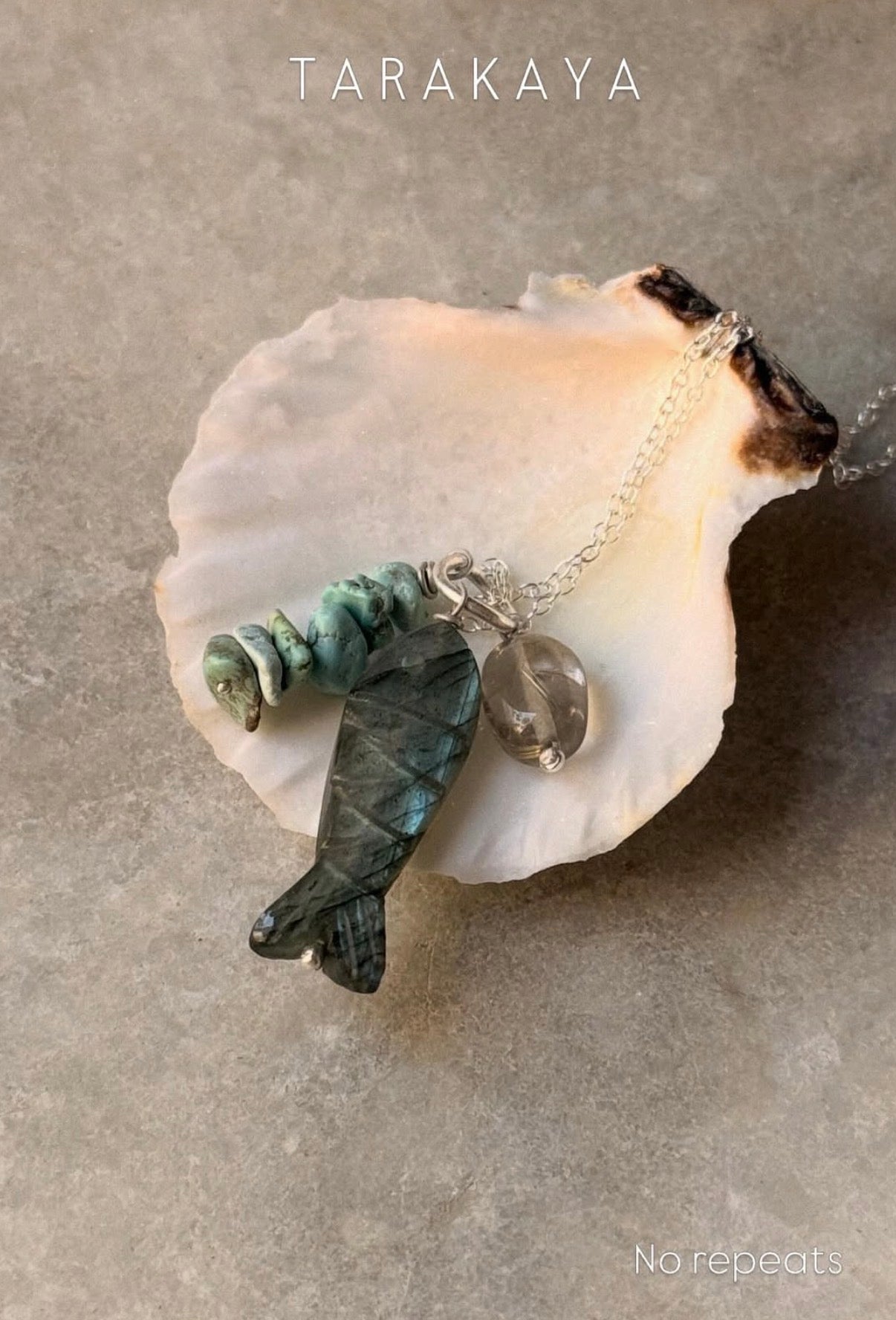925 Sterling Silver Labradorite Fish, Turquoise Chips & Golden Rutilated Quartz Handcrafted Necklace