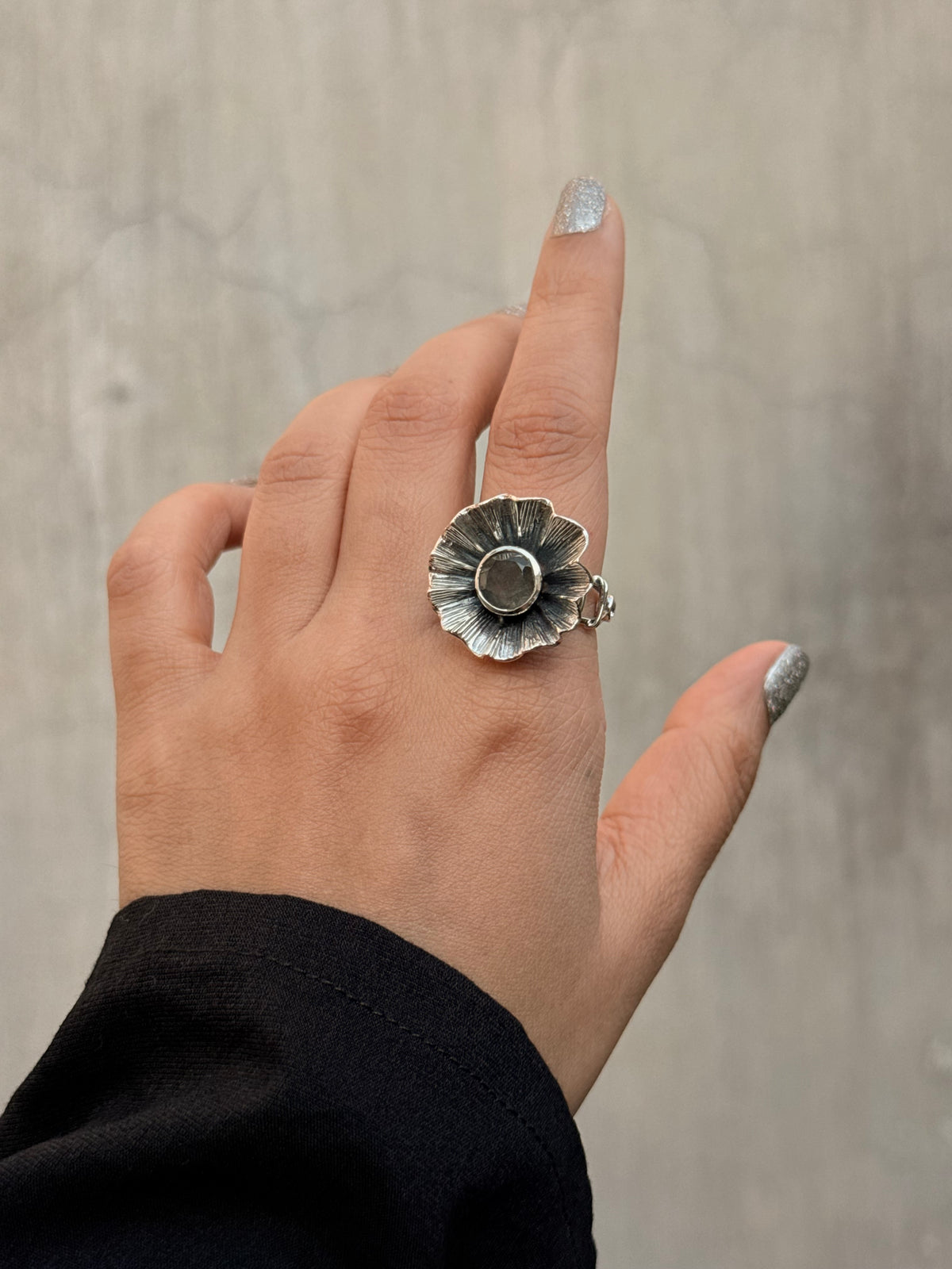 925 Sterling Silver Labradorite & CZ Flower Ring
