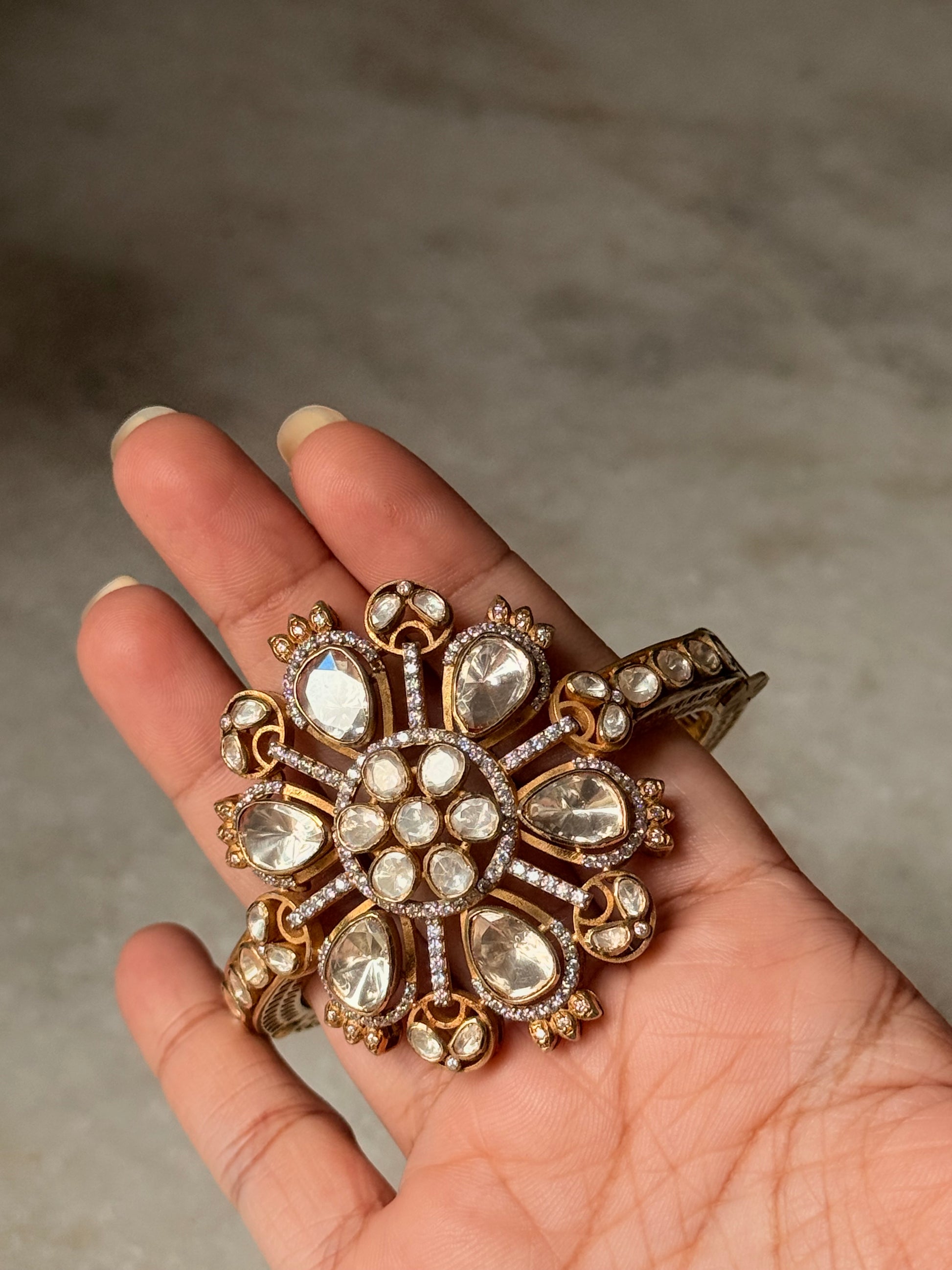 Handcrafted 925 Sterling Silver Gold Plated Antique Moissanite Polki Statement Cuff Bracelet 