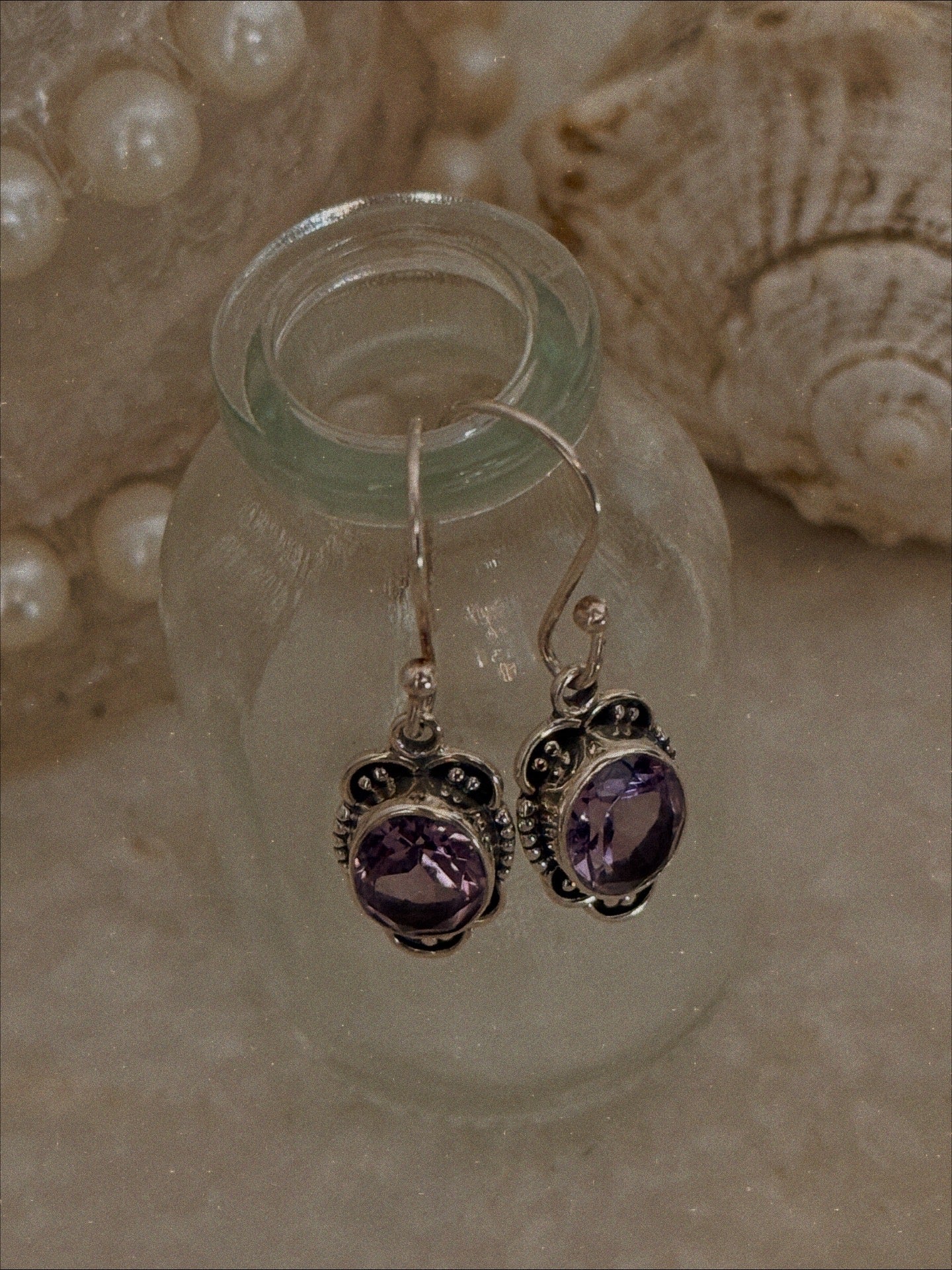 Vintage boho amethyst oval gemstone hook earrings