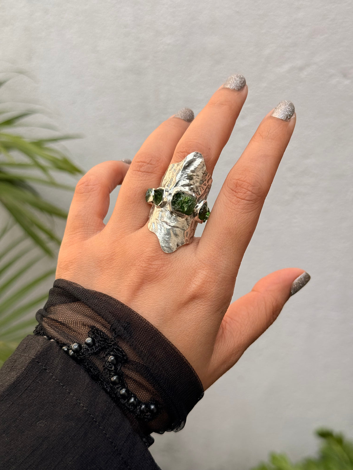 925 Sterling Silver Green Tourmaline Raw Uncut Molten Textured Statement Handcrafted Ring