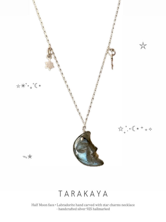 925 Sterling Silver Labradorite Half Moon Face Double Silver Star Handcrafted Necklace