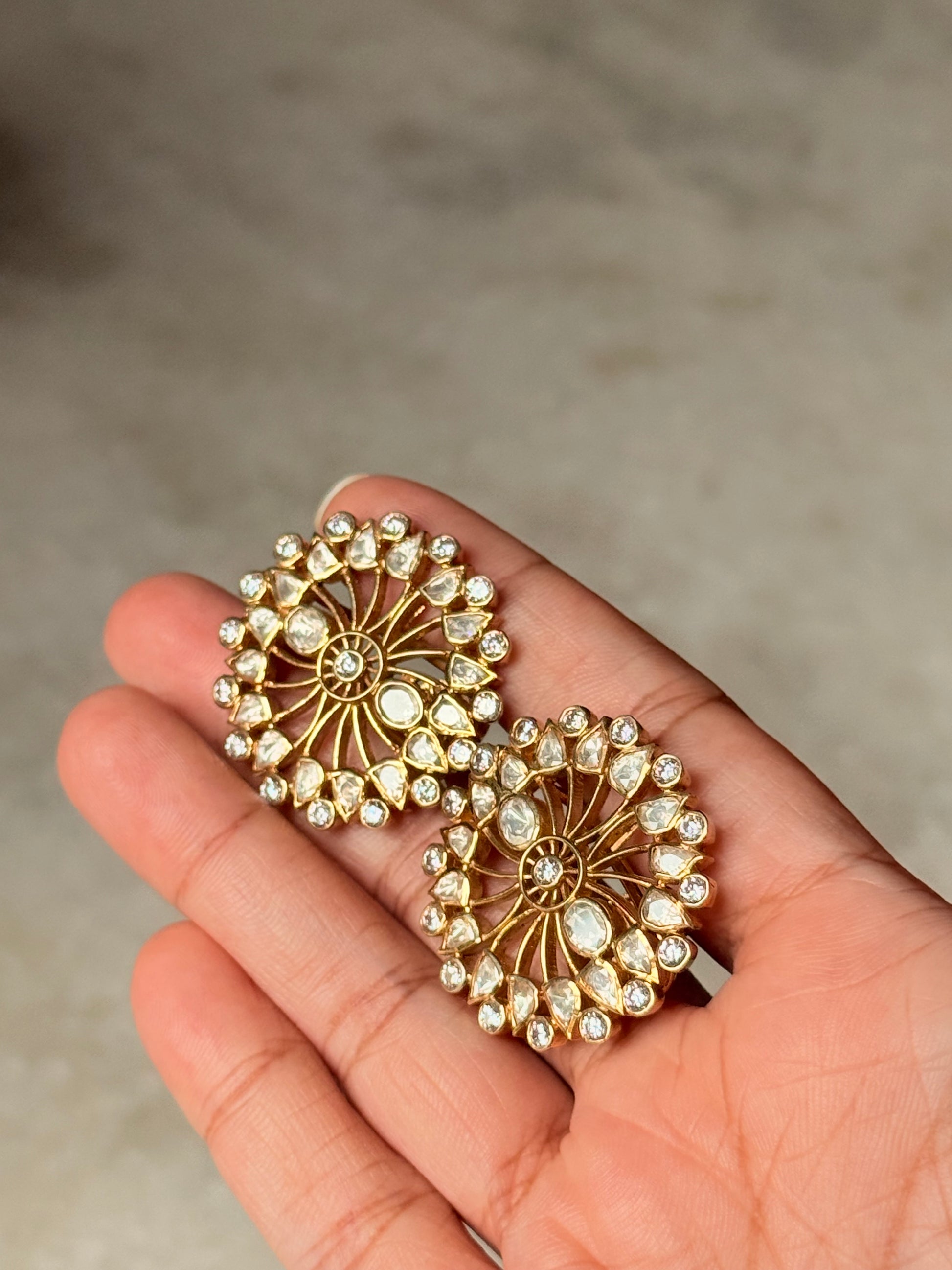 Statement 925 Sterling Silver Gold Plated Moissanite Polki Flower Earrings