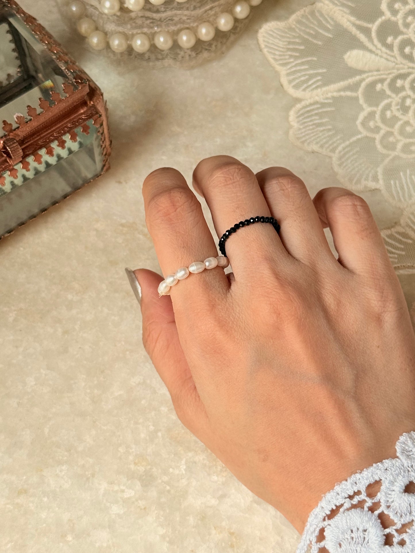 Natural Crystal Stretchy Fresh Water Pearl & Black Spinel Rings