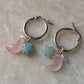 925 Sterling Silver Rose Quartz Moon, Aquamarine Star and Fresh Water Pearl Handcrafted Hoops