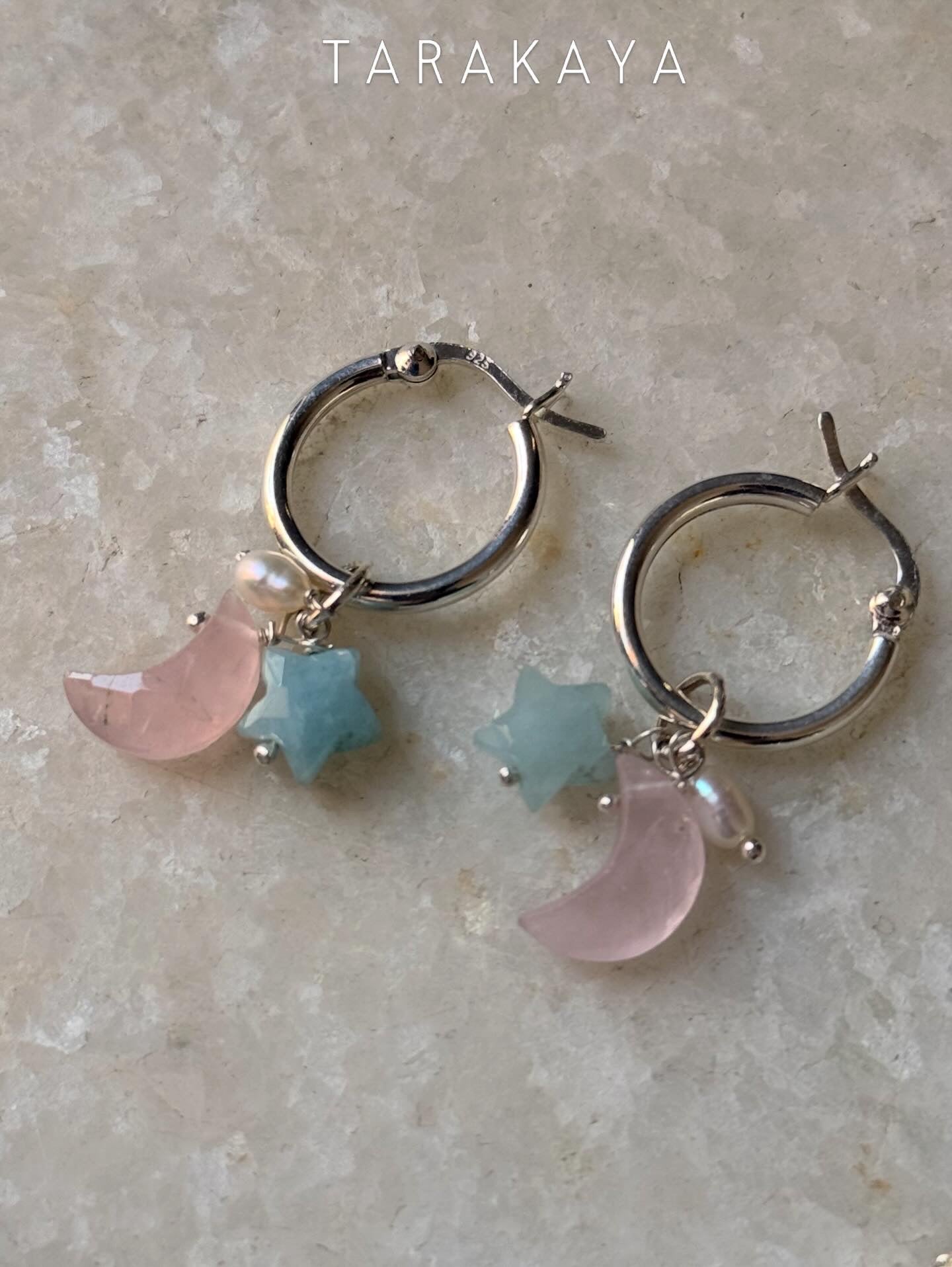 925 Sterling Silver Rose Quartz Moon, Aquamarine Star and Fresh Water Pearl Handcrafted Hoops