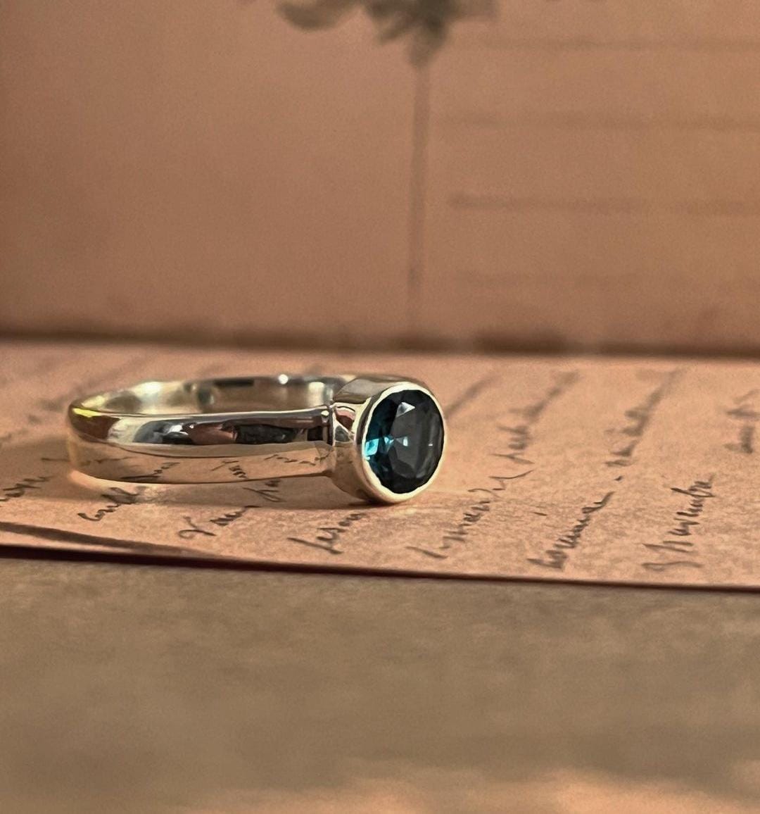 Handcrafted London Blue Topaz Silver Ring with Intricate Details