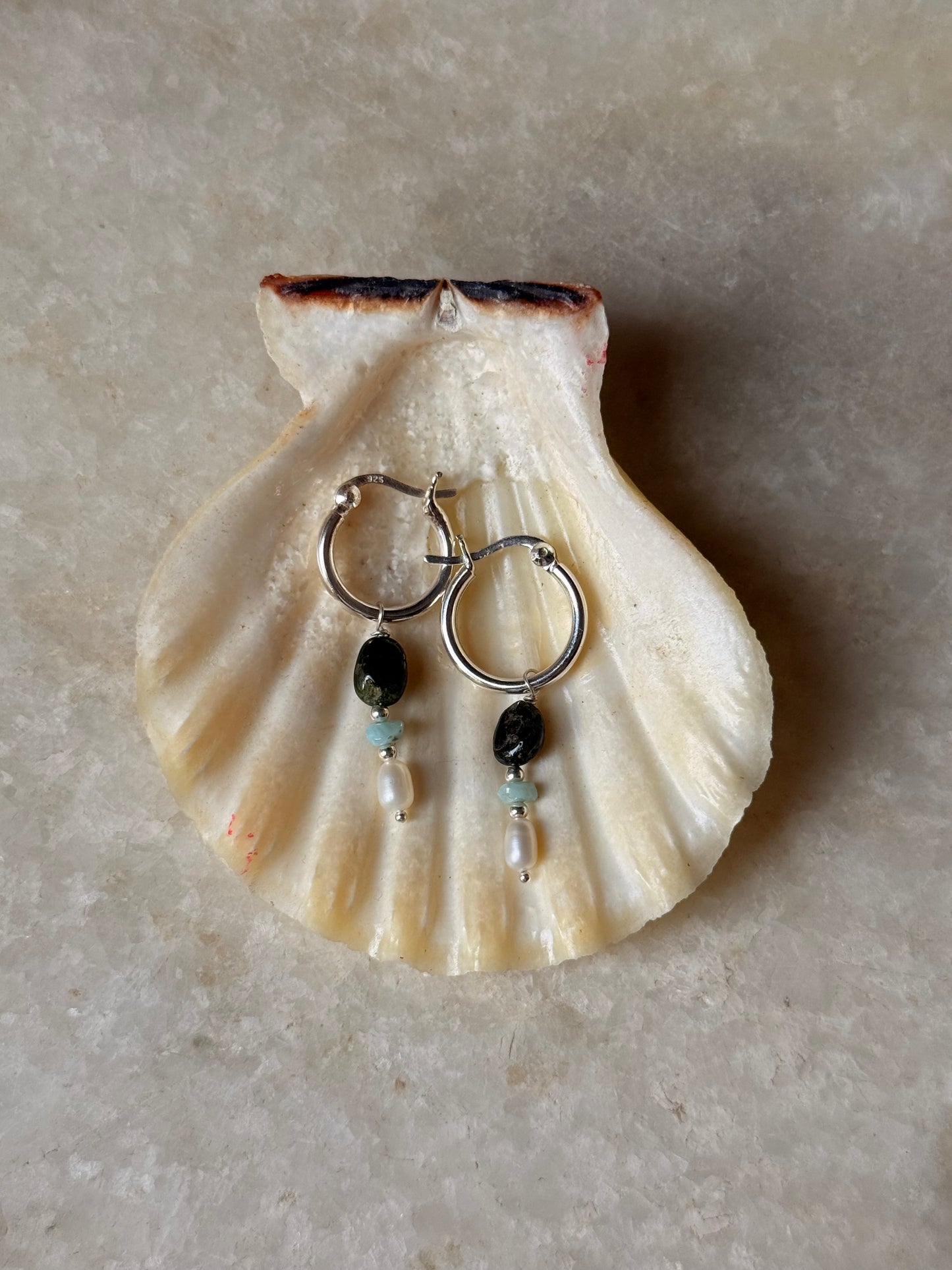 925 Sterling Silver Green Tourmaline Larimar Fresh Water Pearls Hangings Hoops Earrings