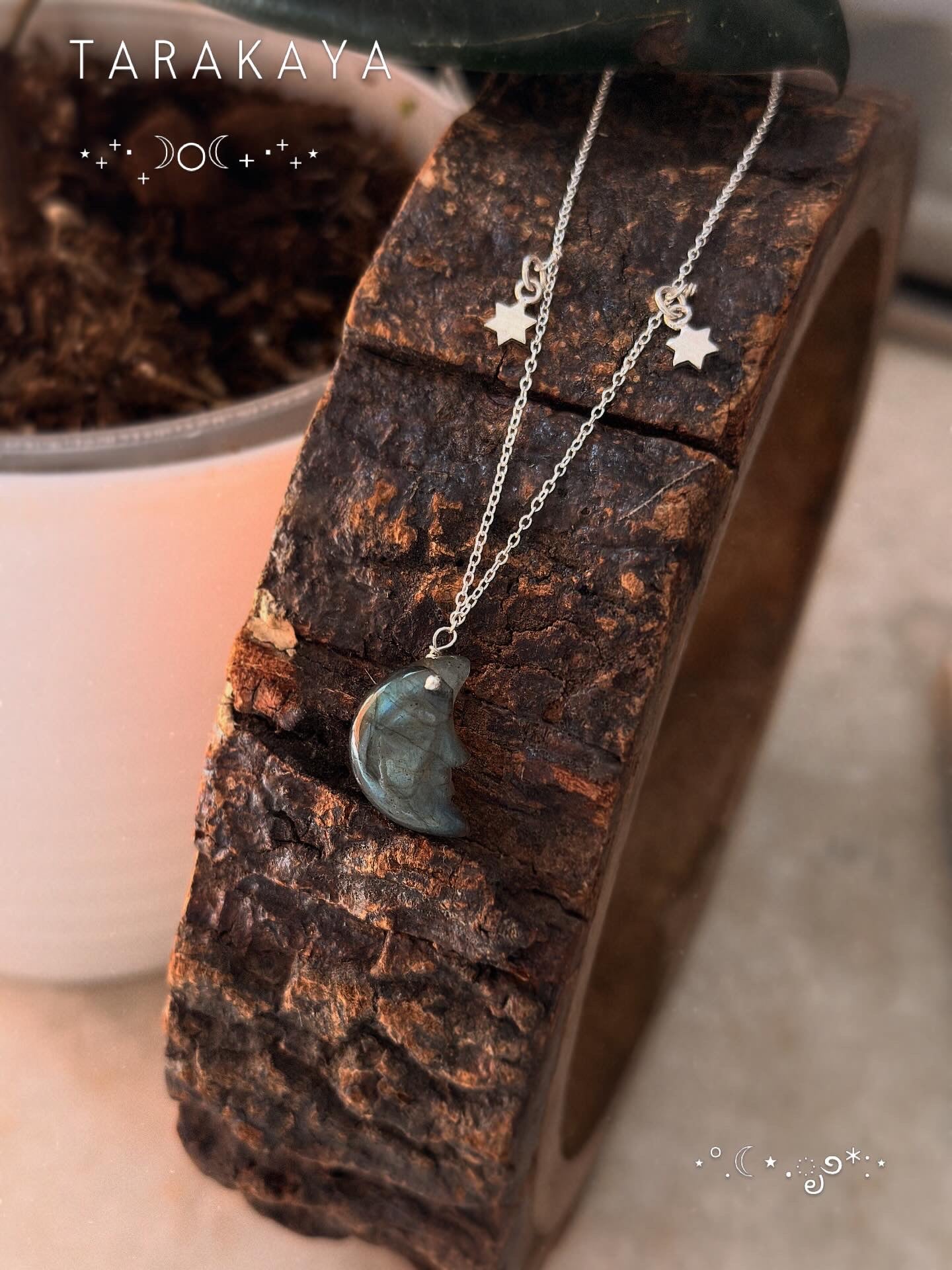 925 Sterling Silver Labradorite Half Moon Face Double Silver Star Handcrafted Necklace