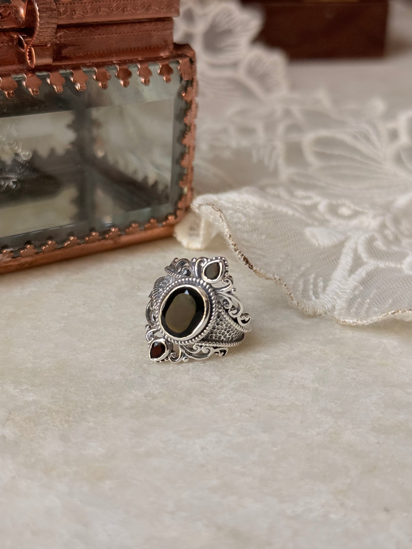 925 Sterling Silver Black Onyx Victorian Style Statement Ring