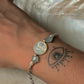 Mother of Pearl Moon Face Carved , Fresh Water Pearls & Aquamarine Craved Stars , Paper Clip Handcrafted 925 Sterling Silver Bracelet