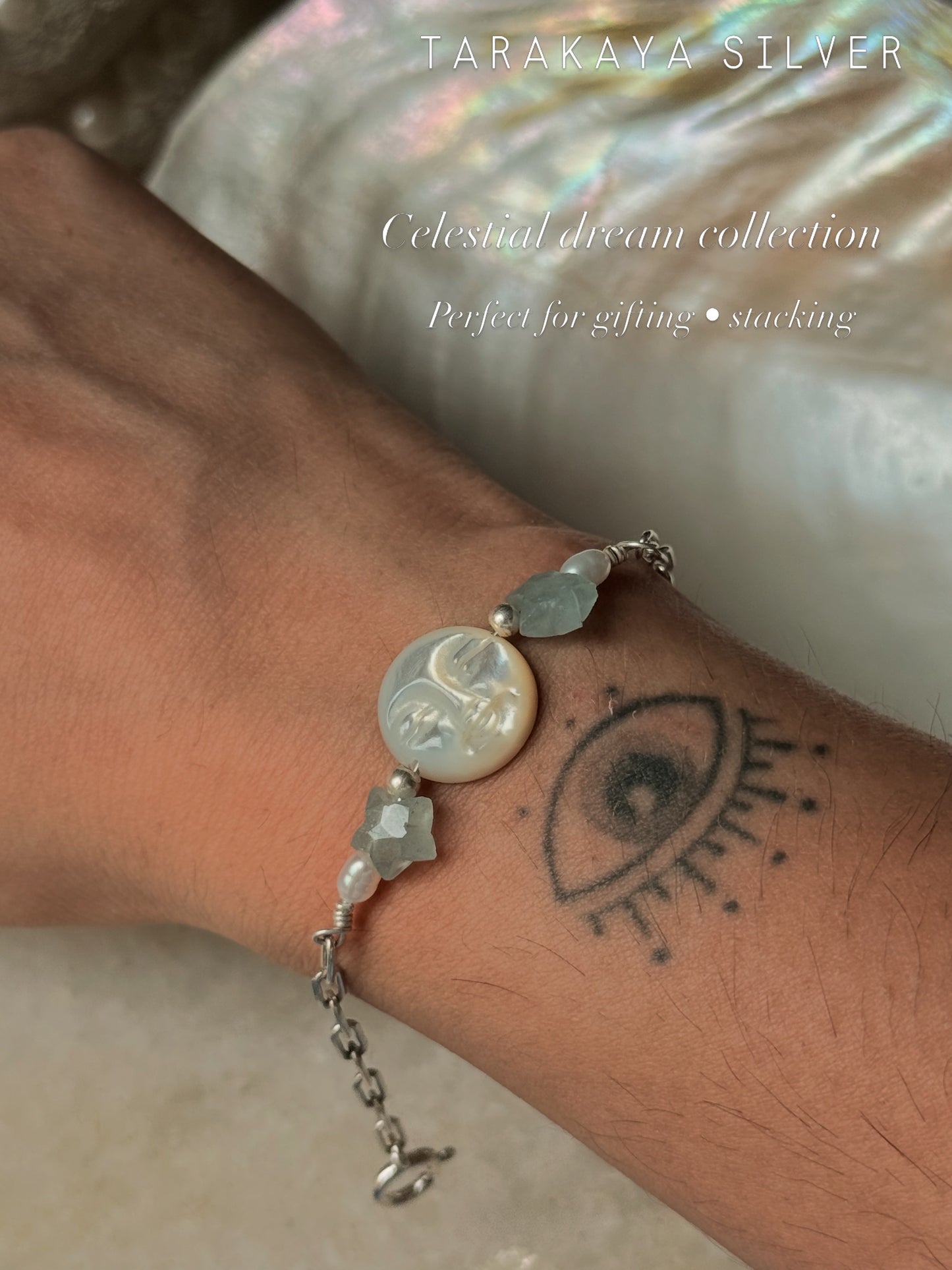 Mother of Pearl Moon Face Carved , Fresh Water Pearls & Aquamarine Craved Stars , Paper Clip Handcrafted 925 Sterling Silver Bracelet