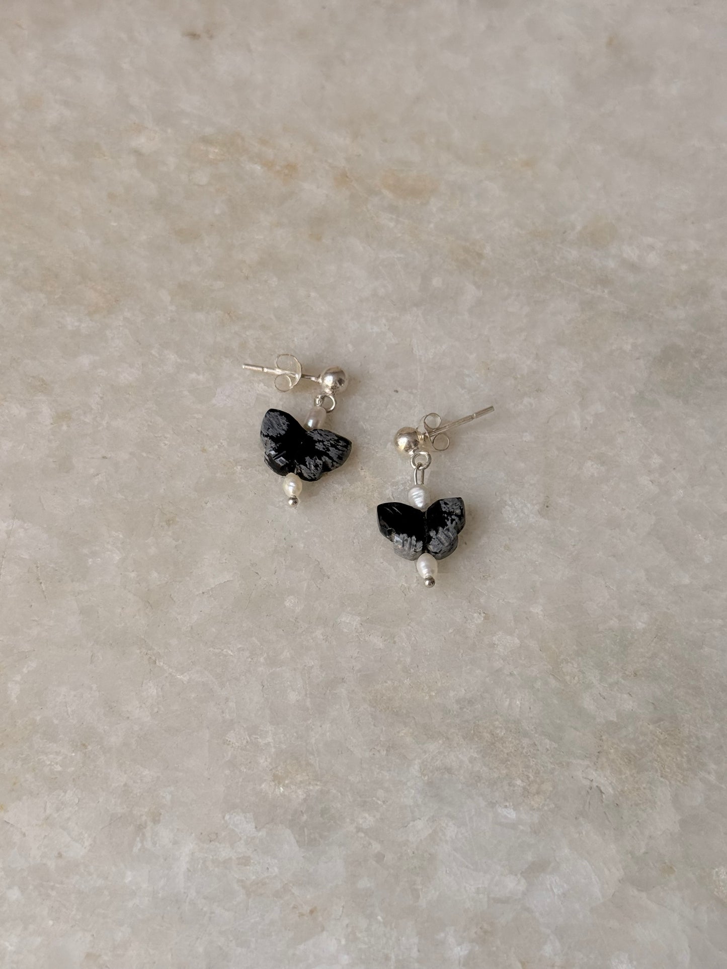 925 Sterling Silver Black Jasper Pearl Butterfly Crystal Studs Earring