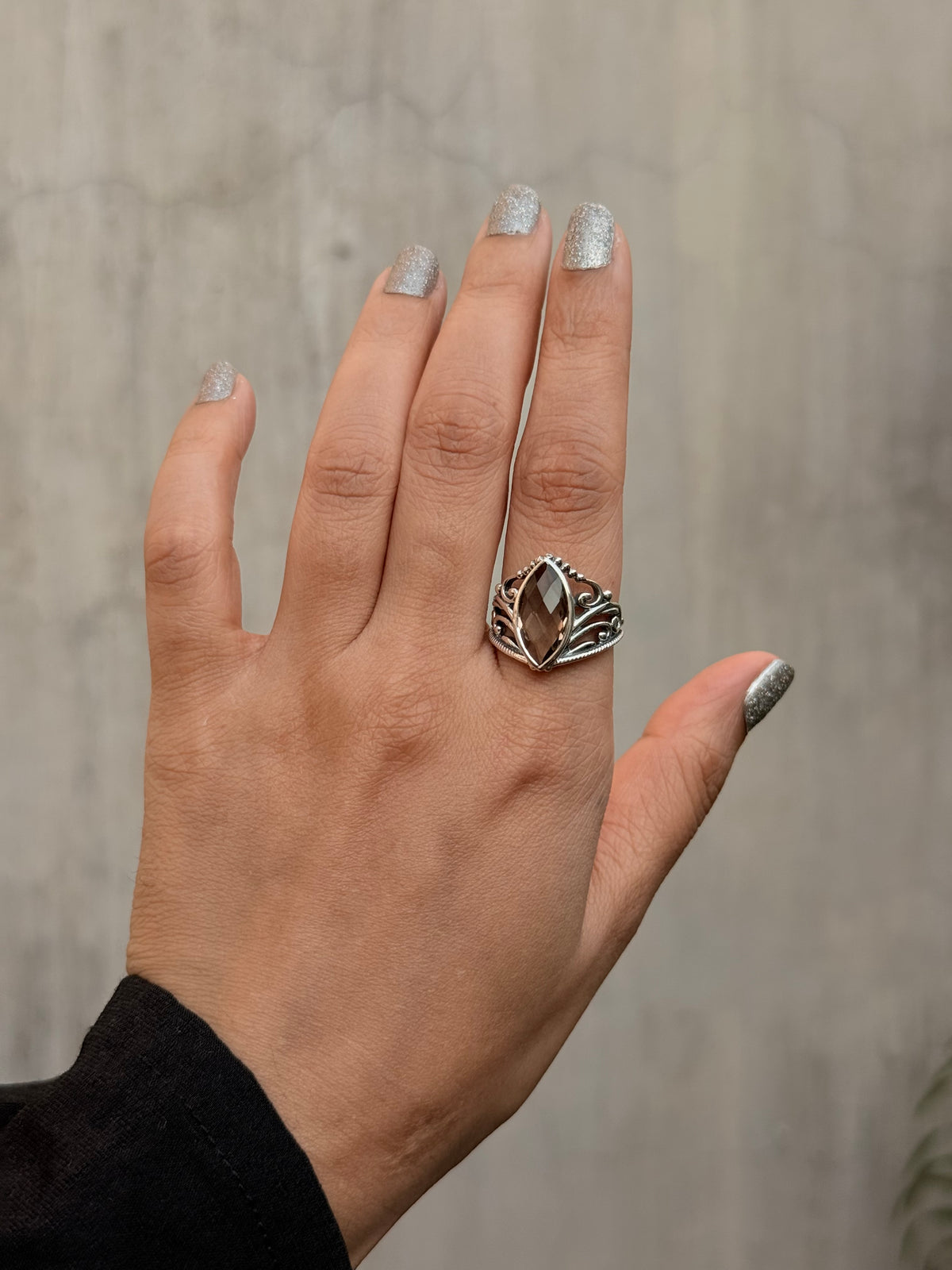 925 Sterling Silver Smokey Quartz Marquise Vintage Crown Ring
