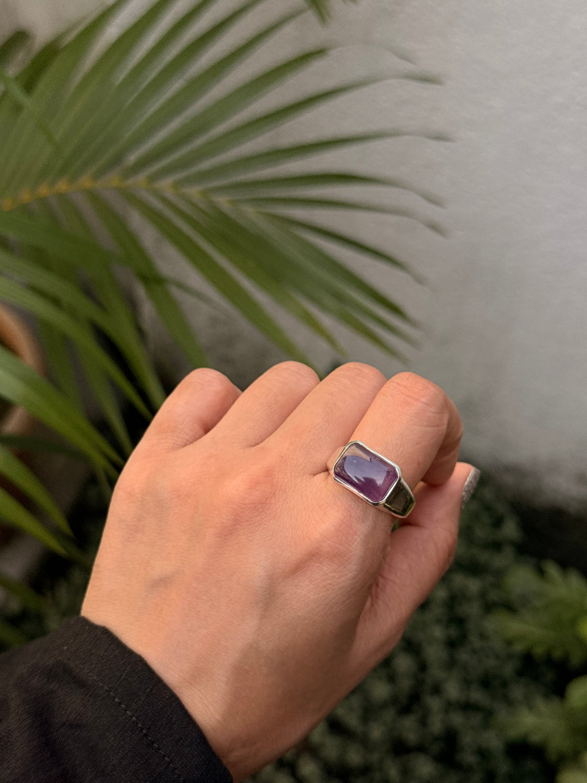 925 Sterling Silver Amethyst Rectangular Signet Unisex Ring