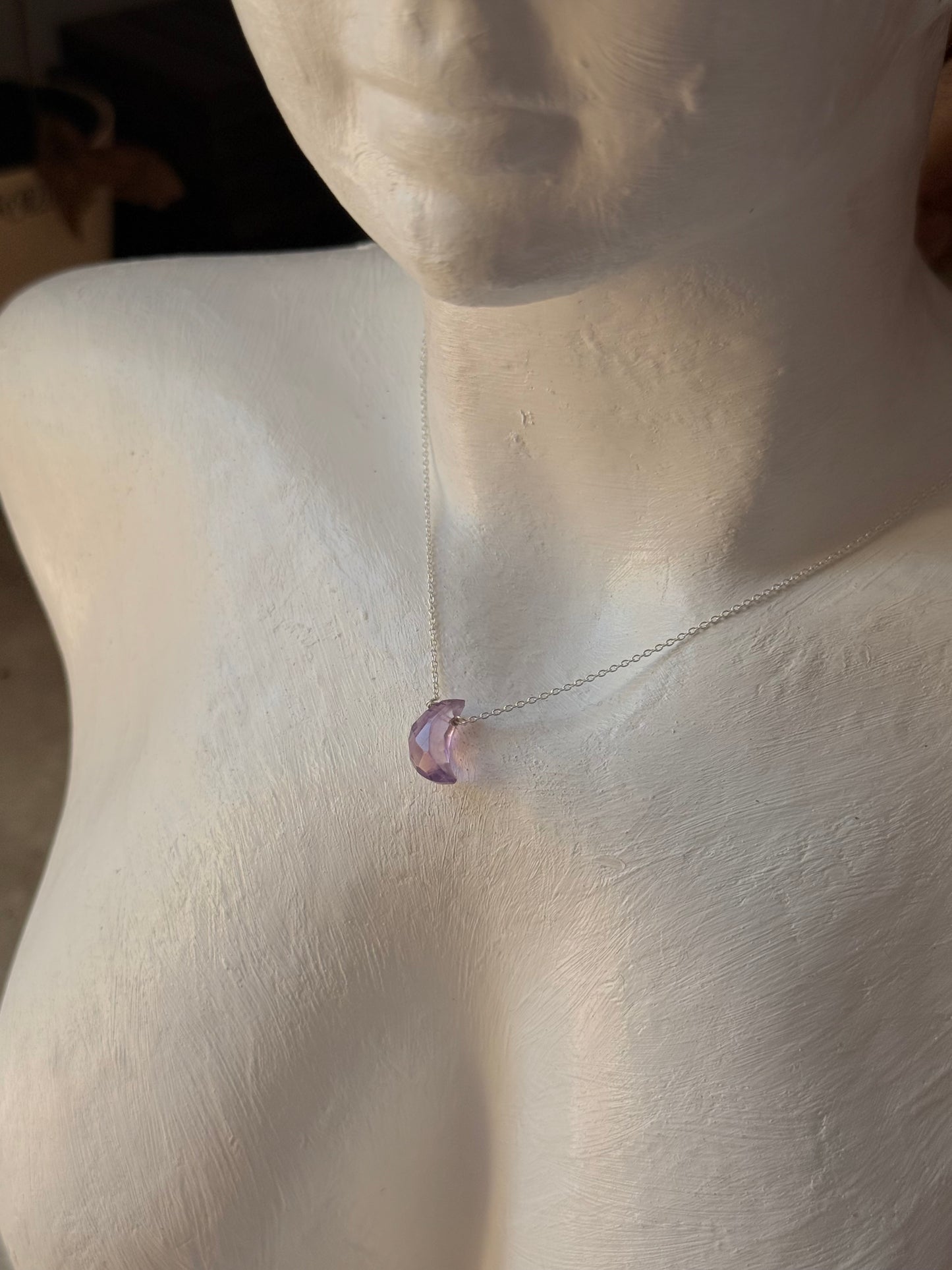 925 Sterling Silver Amethyst Moon Crescent Carved Handcrafted Necklace