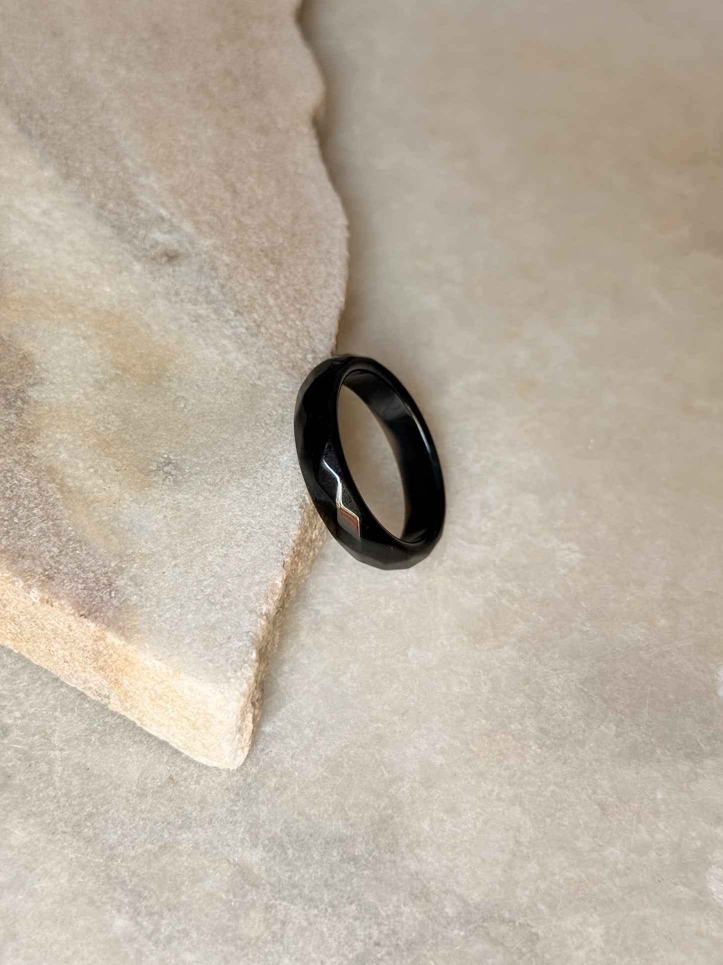 Natural Crystal Faceted Black Agate Band Ring