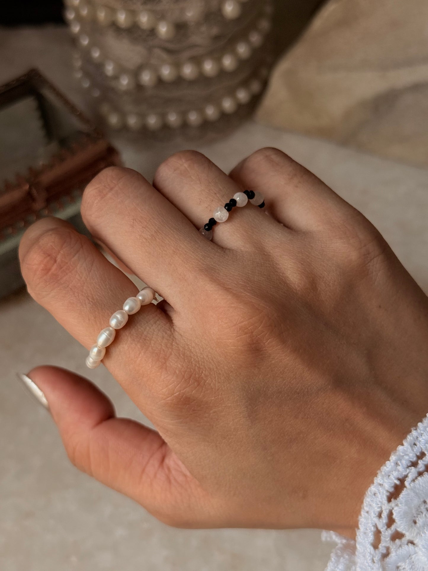 Natural Crystal Stretchy Fresh Water Pearl & Black Spinel Moonstone Rings