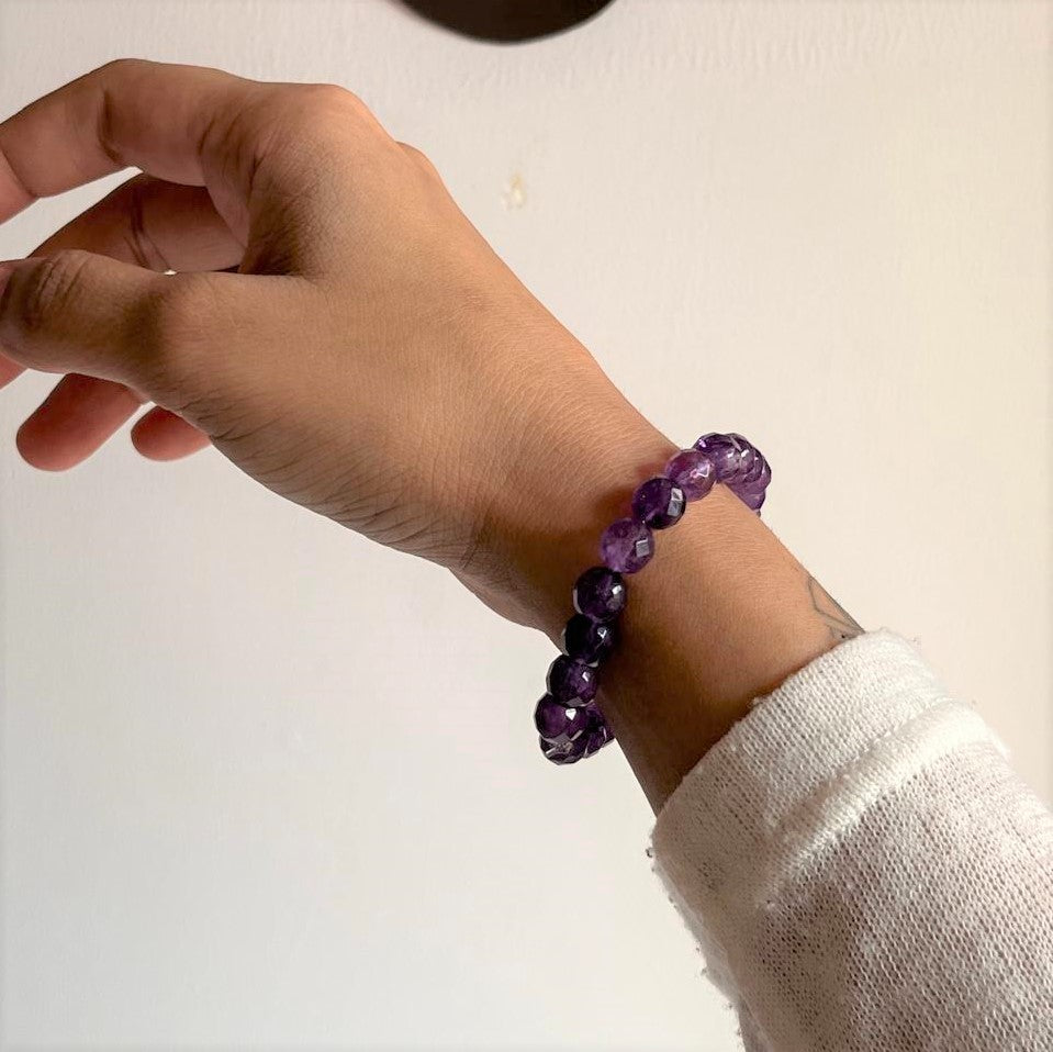 Natural Amethyst Crystal Bracelet 8MM Diamond Cut Design