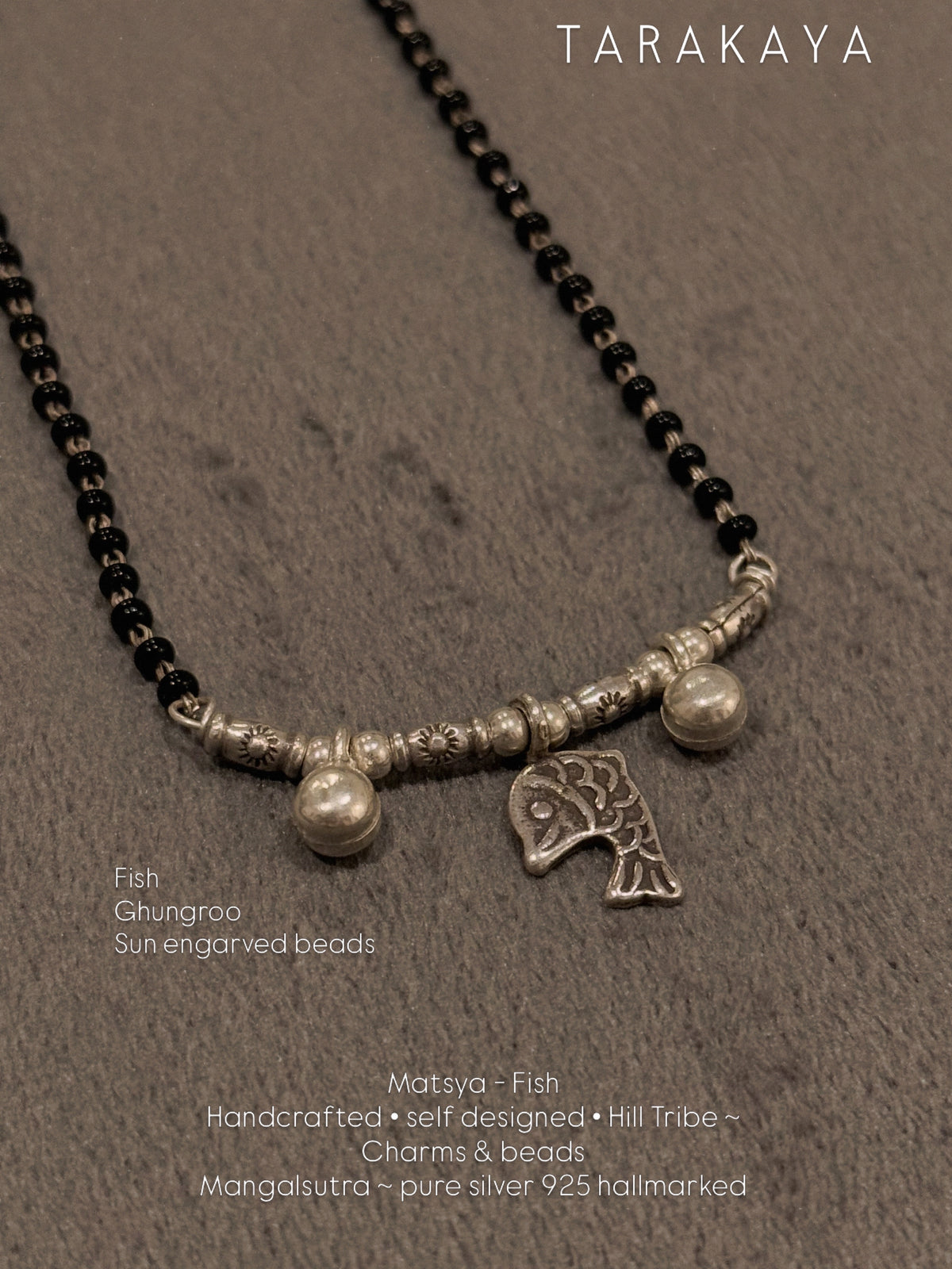 925 Sterling Silver Fish Sun Engraved Cylinder Beads  Handcrafted Hill Tribe-One of a Kind Boho Style Mangalsutra
