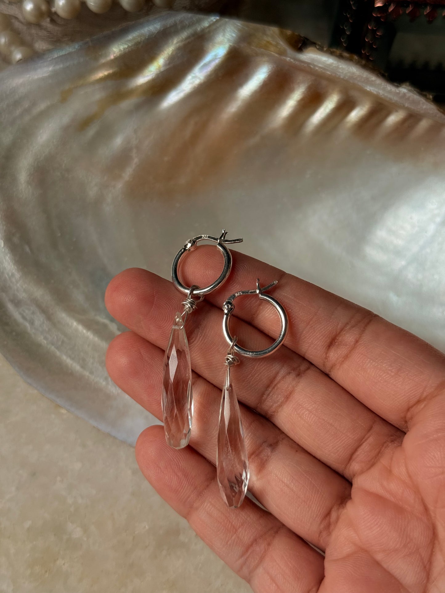 925 Sterling Silver Clear Quartz Drop Carved Charm Italian Hoops Handcrafted