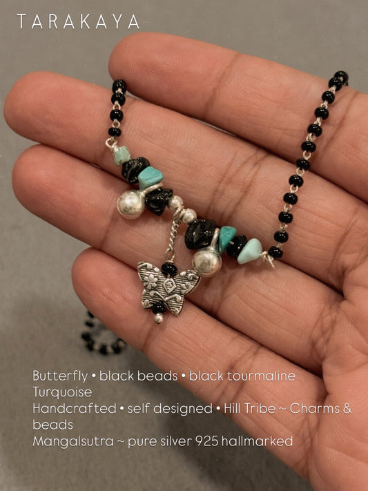 925 Sterling Silver Black Tourmaline chips & Turquoise Butterfly Handcrafted One of a Kind Boho Style Mangalsutra