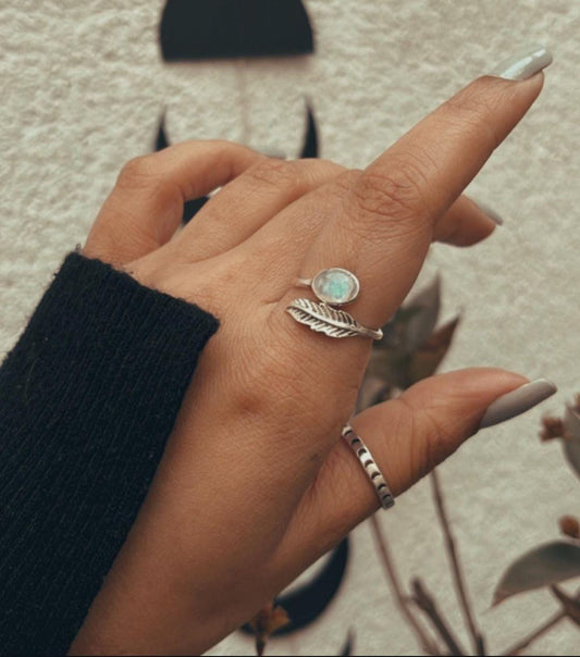Sterling Silver Adjustable Ring with Moonstone and Feather Design