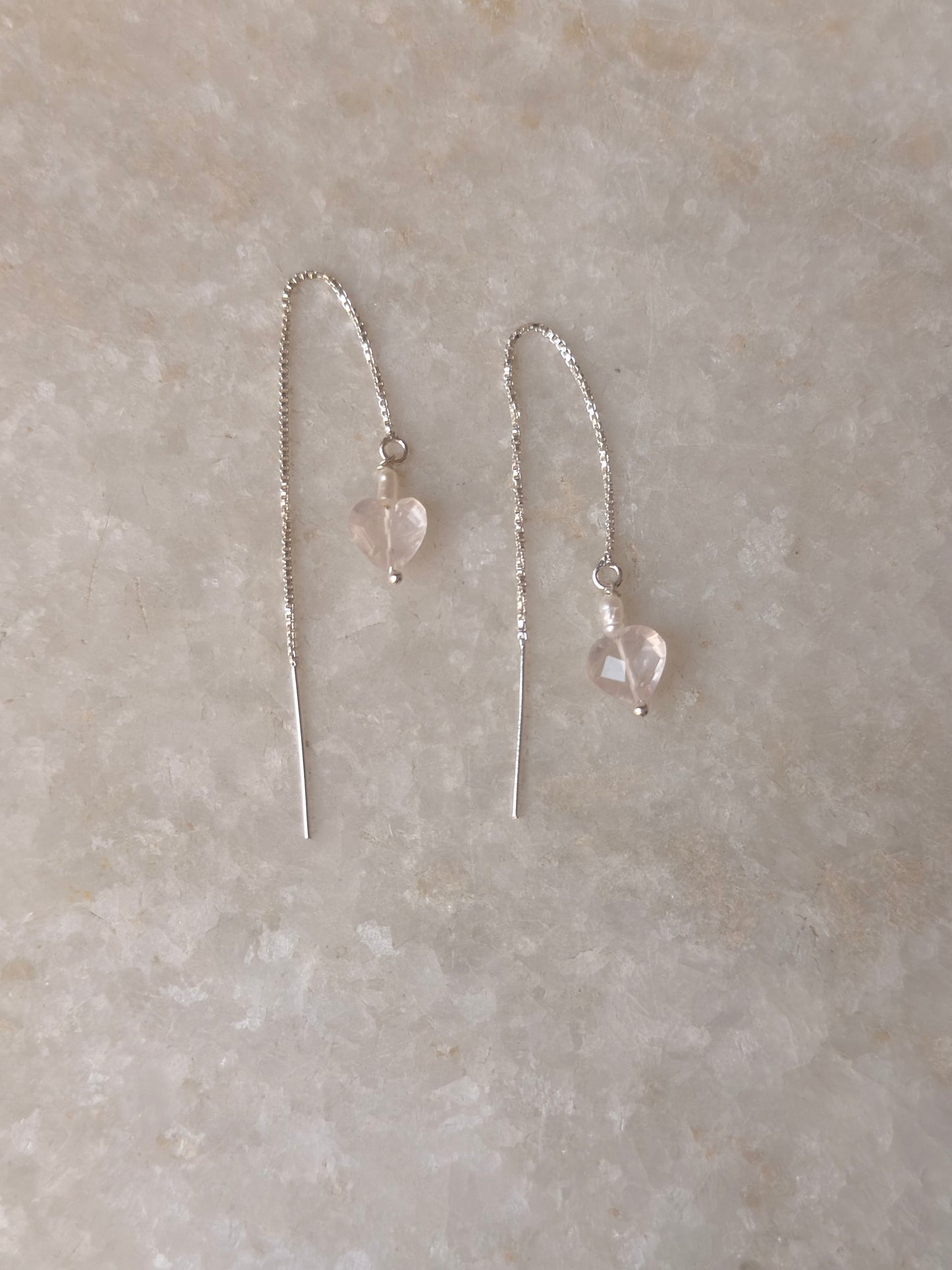 925 Sterling Silver Rose Quartz Heart & Pearl Sui Dhaga Earrings