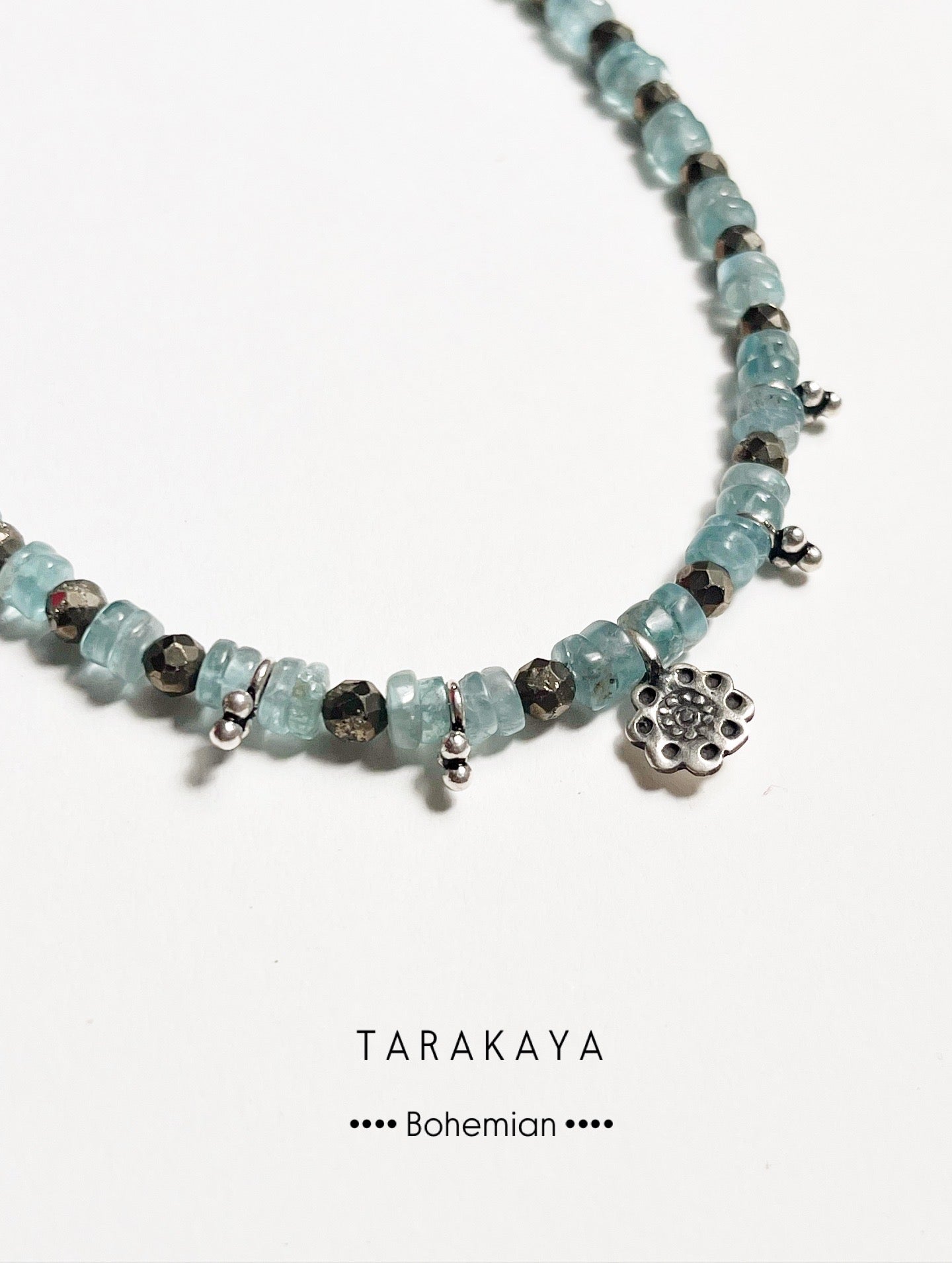 Blue Apatite & Pyrite Silver Charms Boho Choker Handcrafted Sterling Silver 925 Necklace