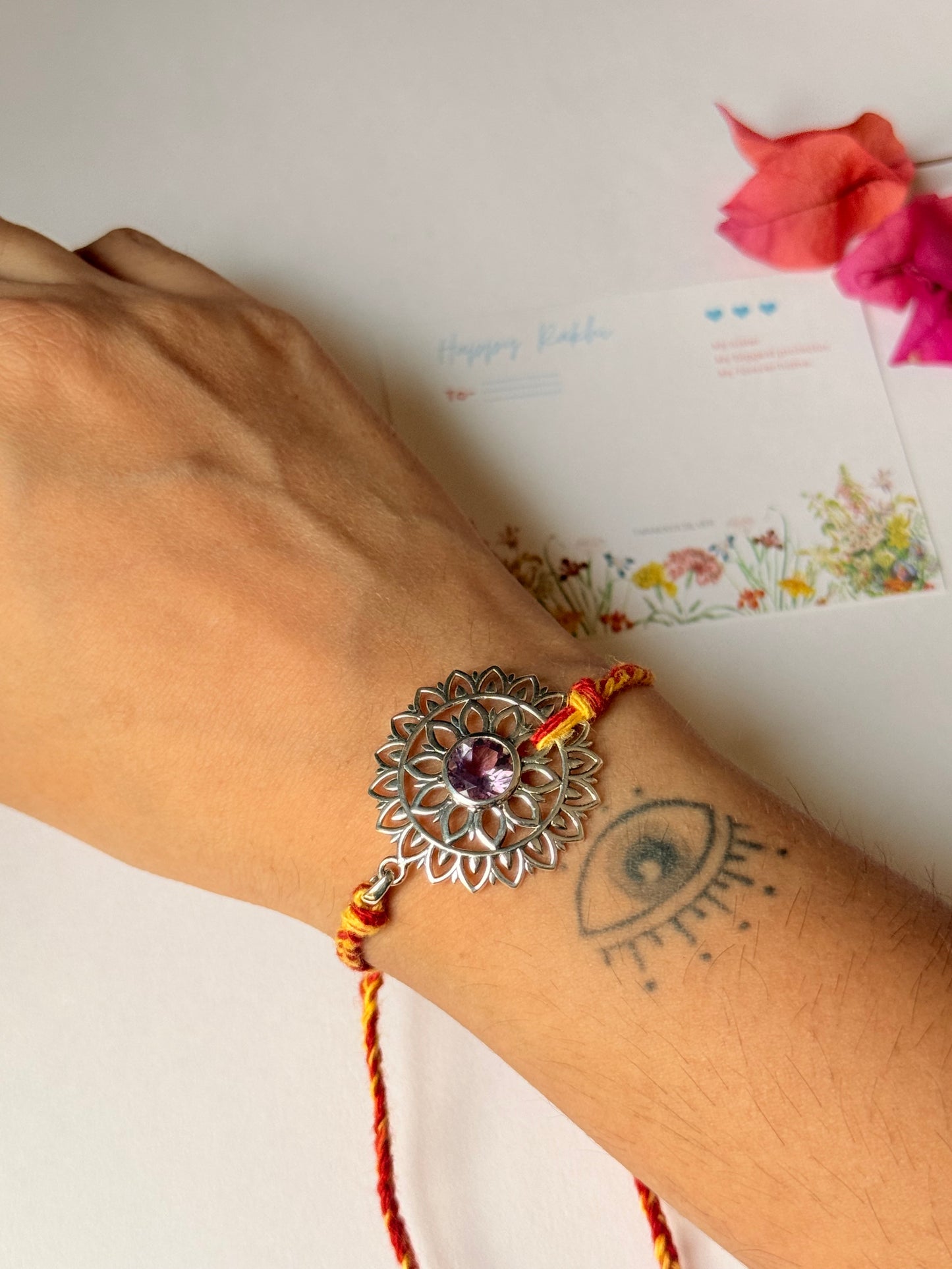 925 Sterling Silver Gemstone Mandala Rakhi - Reusable as Pendant Handcrafted Rakhi