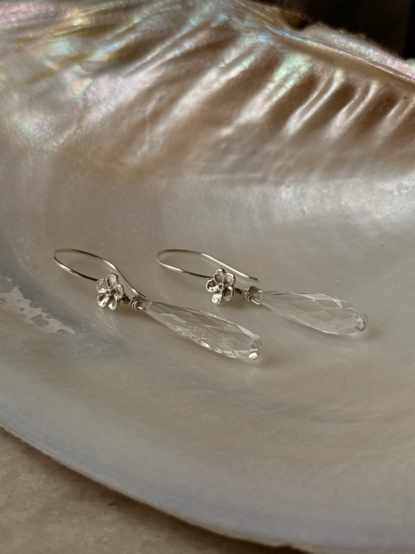 925 Sterling Silver Clear Quartz Drop Carved Charm Silver Floral Hook Handcrafted Earrings