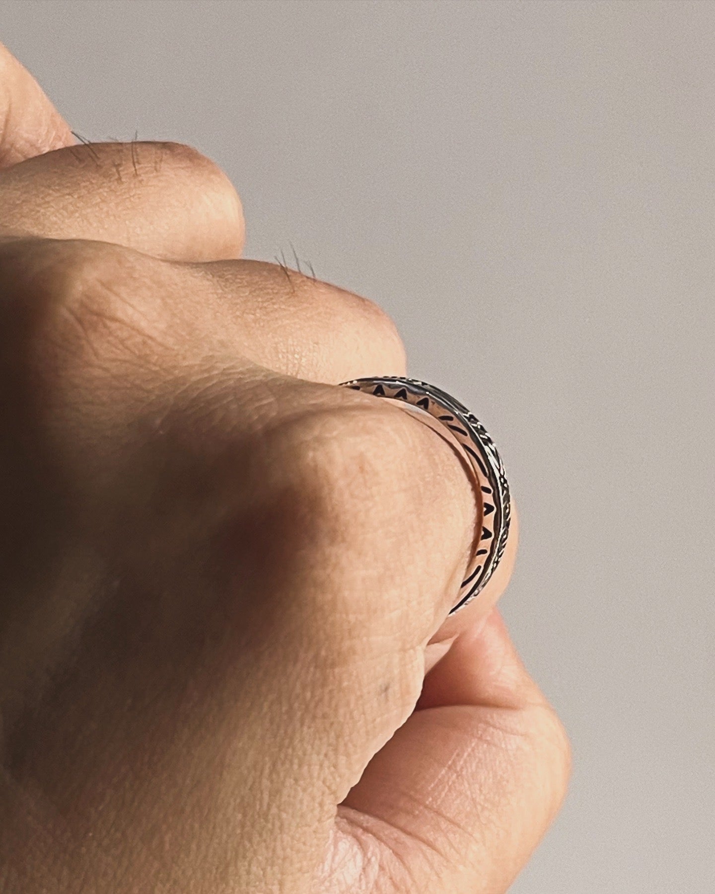 Charming tribal engraved full side band silver ring